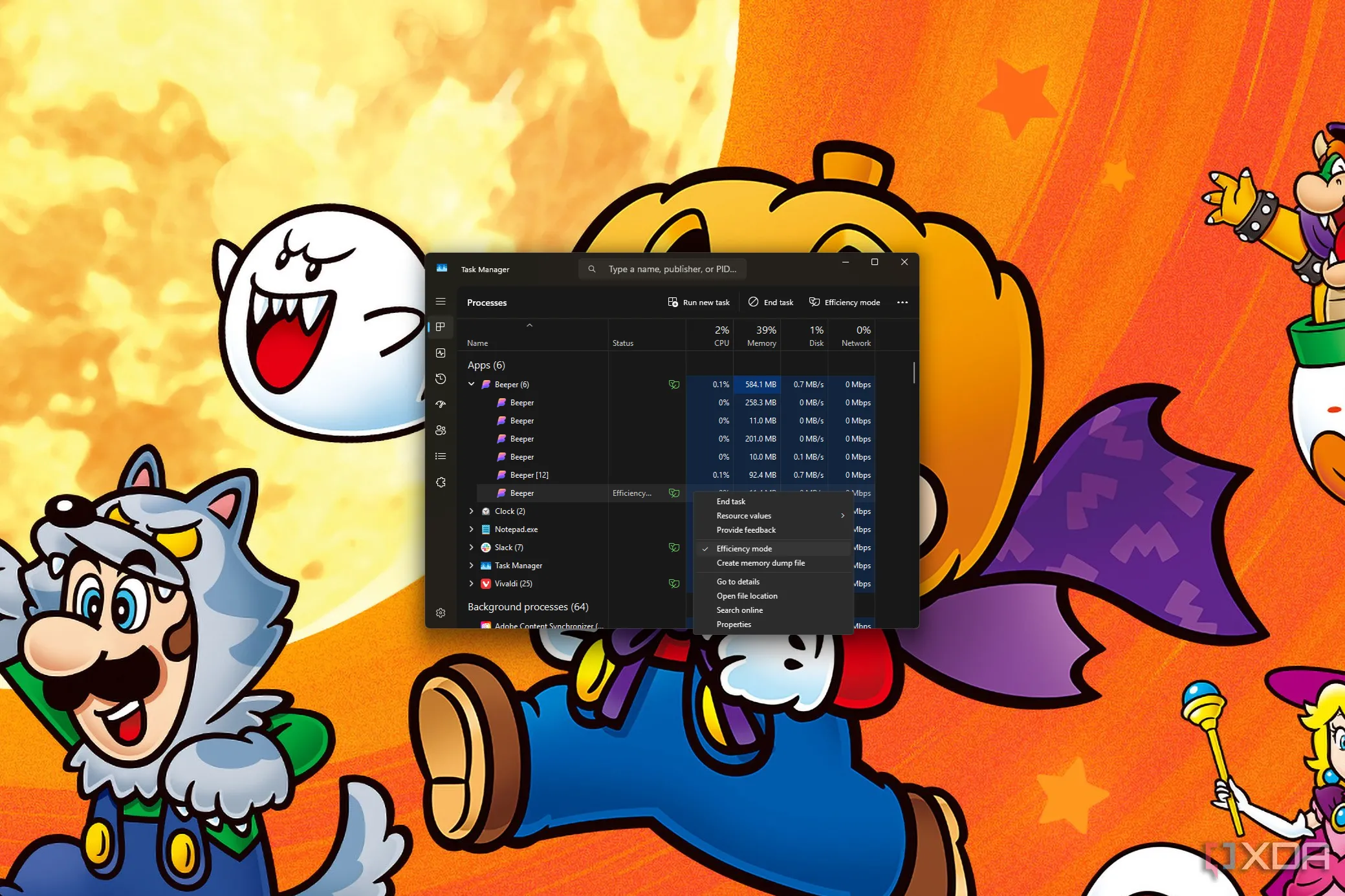 Screenshot of Windows 11 Task manager showing an app running in efficiency mode