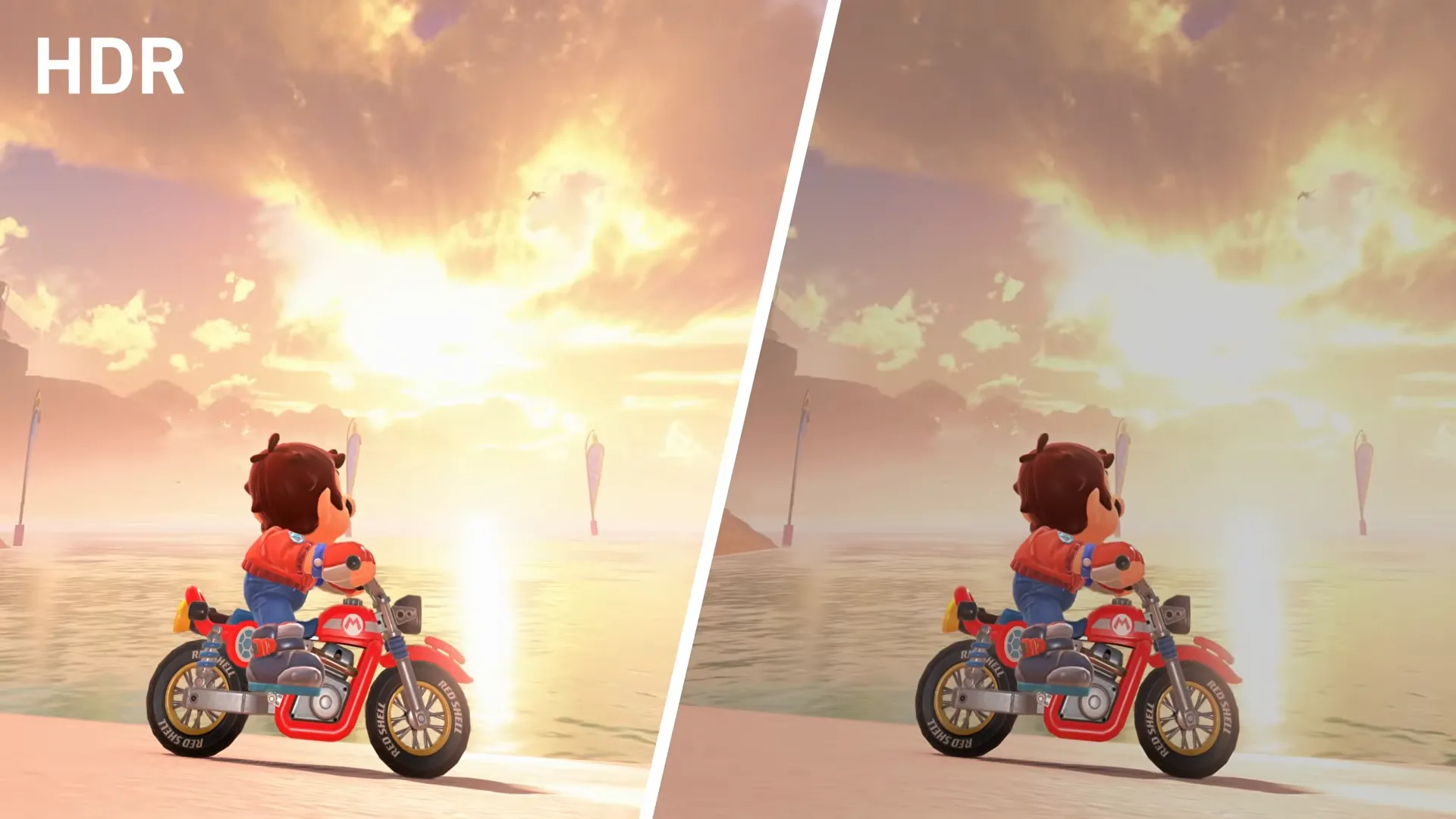 So sánh hình ảnh game Mario Kart World với và không có chế độ HDR trên Nintendo Switch 2, thể hiện màu sắc sống động hơn