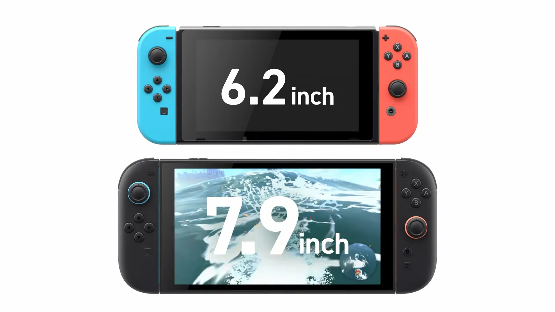 So sánh kích thước màn hình giữa Nintendo Switch và Nintendo Switch 2, cho thấy sự khác biệt rõ rệt