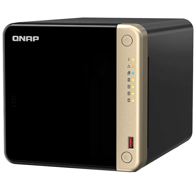 Thiết bị lưu trữ mạng QNAP TS-464, một mẫu NAS 4 khay mạnh mẽ lý tưởng cho việc chạy Plex và quản lý dữ liệu.