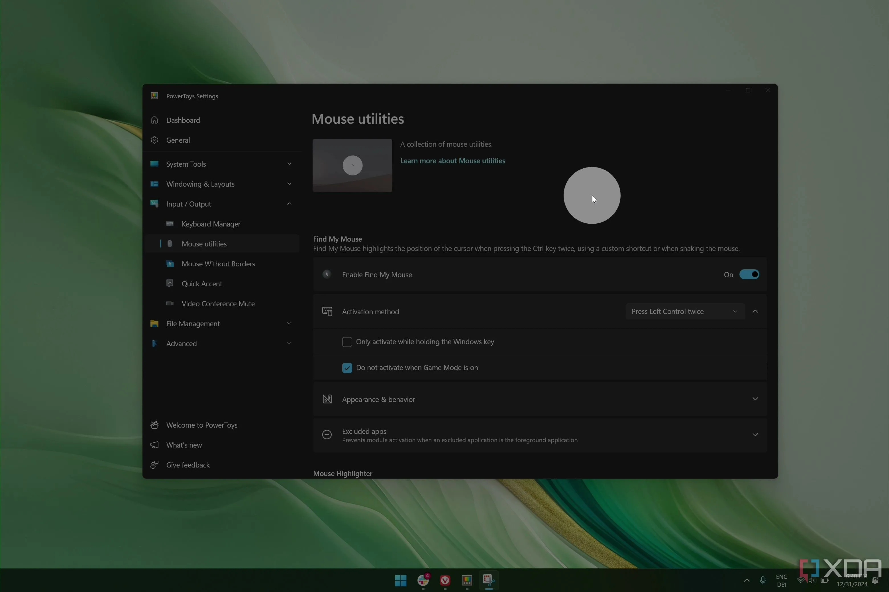Tính năng Find My Mouse của PowerToys làm nổi bật con trỏ chuột trên màn hình Windows 11