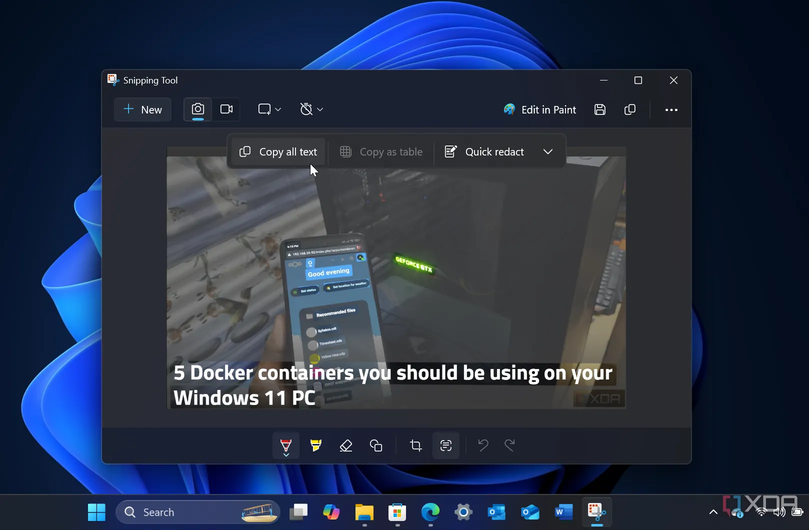 Tính năng nhận diện ký tự OCR của Snipping Tool trên Windows 11, cho phép trích xuất văn bản từ hình ảnh dễ dàng.