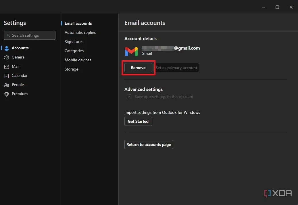 Tùy chọn gỡ bỏ tài khoản Outlook trong cài đặt ứng dụng Windows