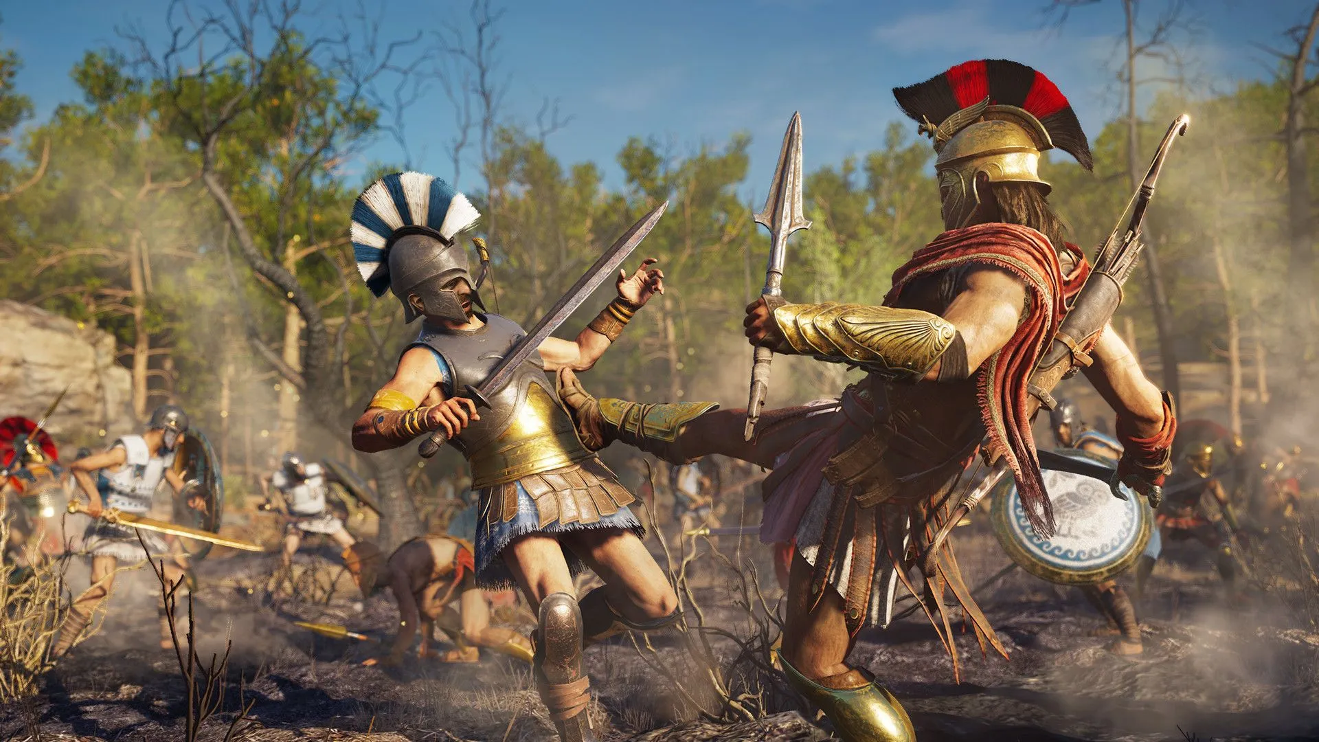 Alexios thực hiện cú đá Sparta nổi tiếng vào kẻ thù, thể hiện gameplay hành động đa dạng trong Assassin's Creed Odyssey