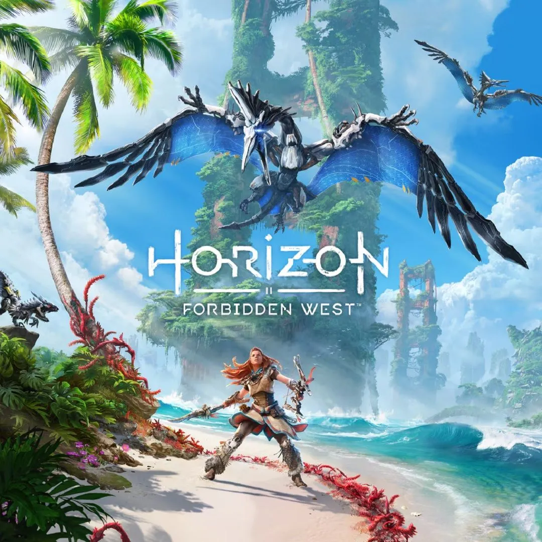 Aloy trong game Horizon Forbidden West Complete Edition, đối đầu với một cỗ máy khổng lồ trong thế giới mở đầy màu sắc