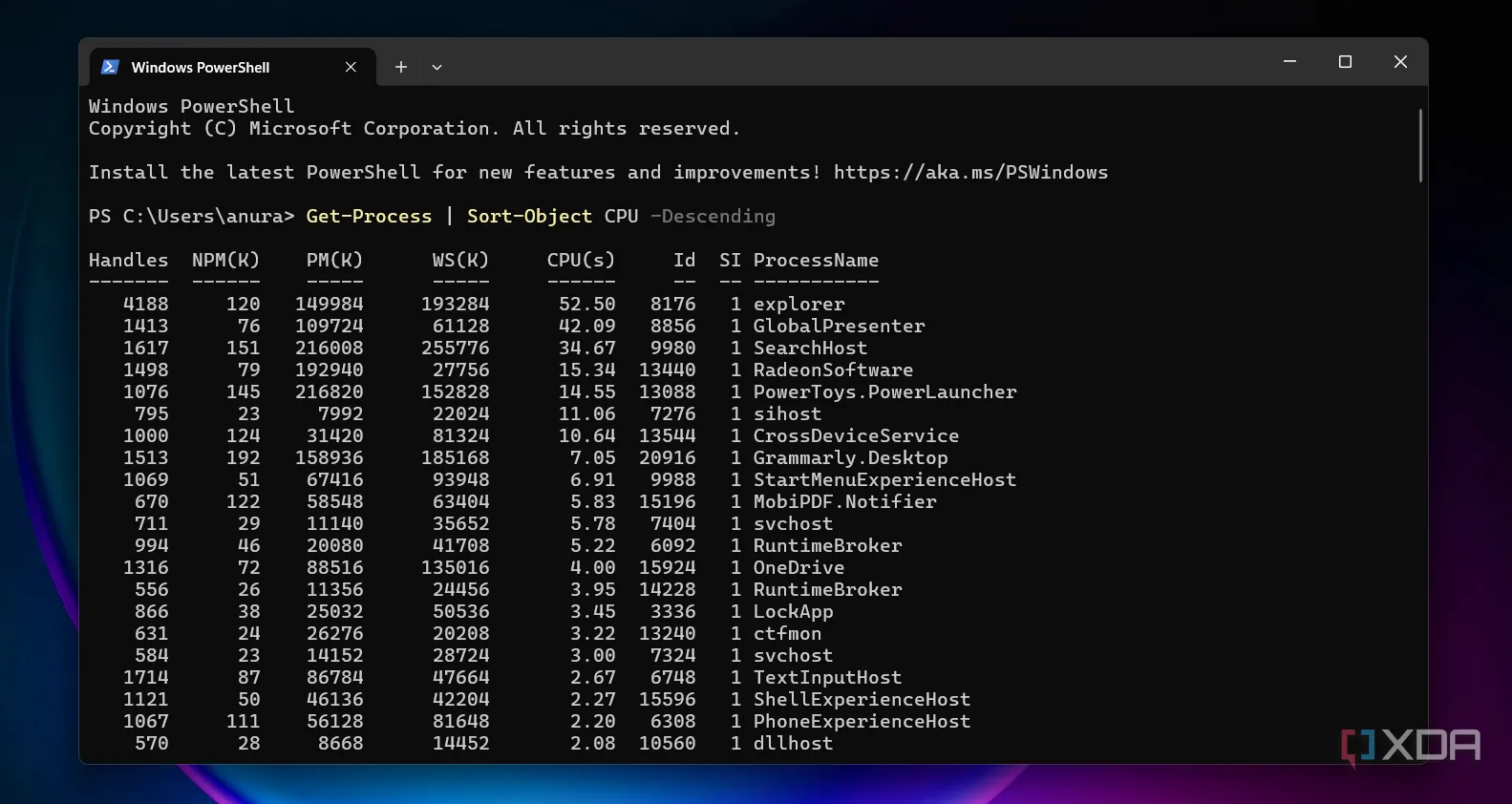 alt: Ảnh chụp màn hình giao diện PowerShell hiển thị các thông số hiệu suất hệ thống