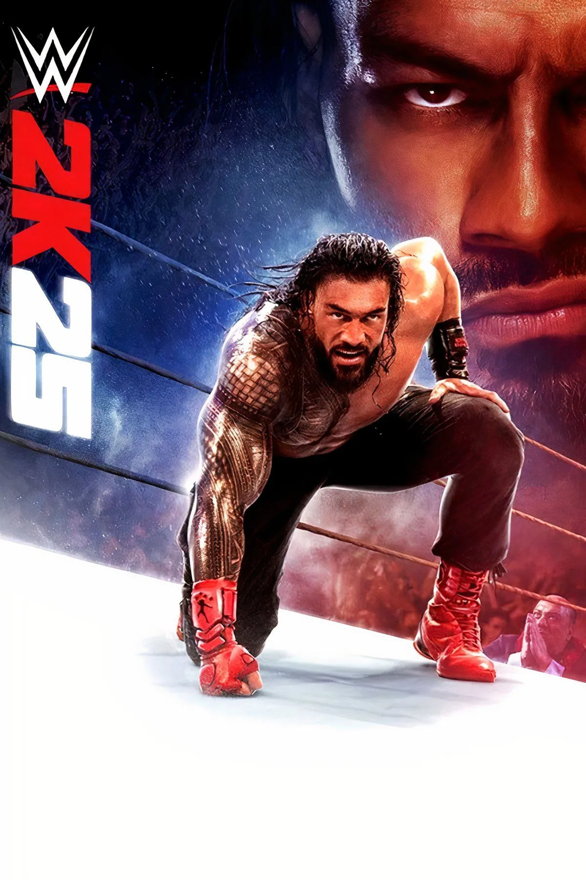 Ảnh bìa của game WWE 2K25, thể hiện các siêu sao đô vật hàng đầu thế giới, nhấn mạnh đồ họa và tính chân thực của game.