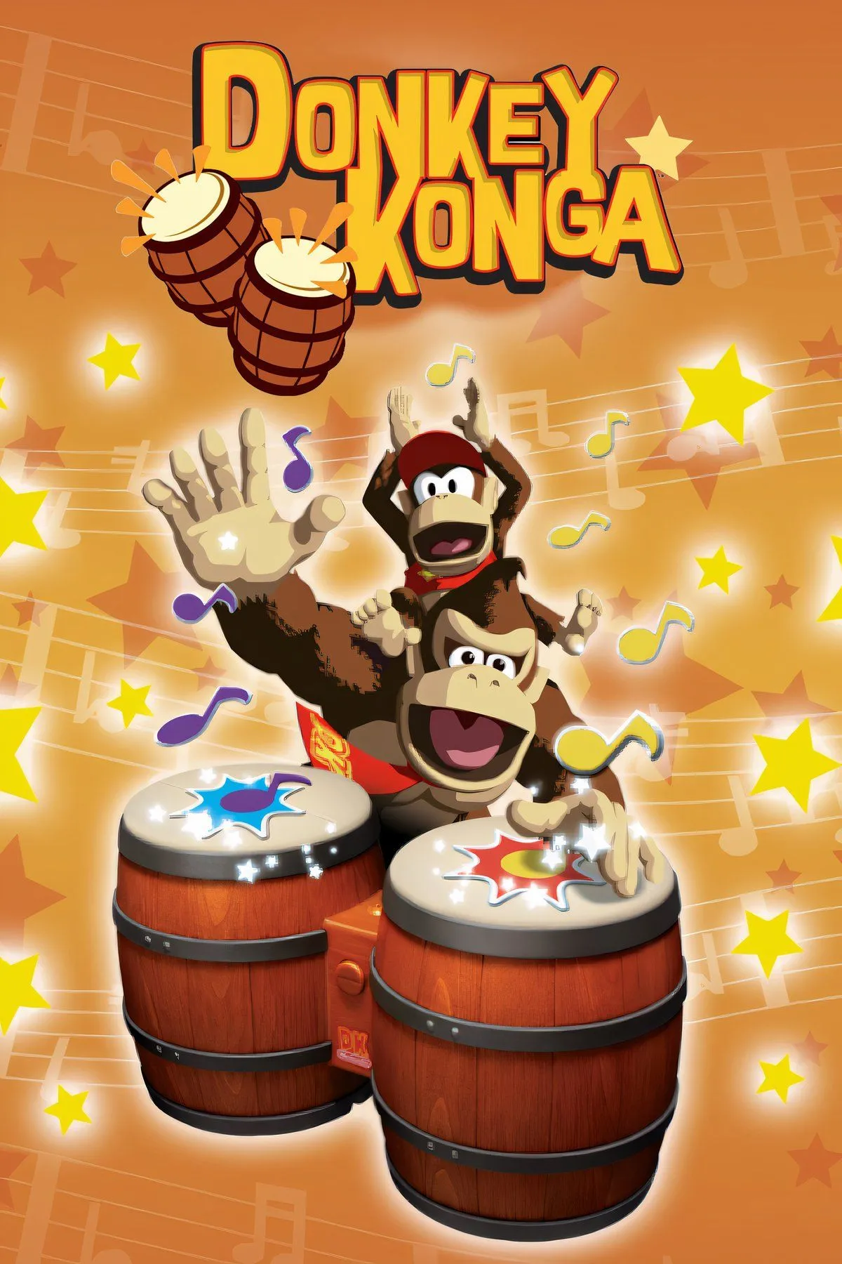 Ảnh bìa game Donkey Konga, thể hiện bộ điều khiển DK Bongo độc đáo và nhân vật Donkey Kong.