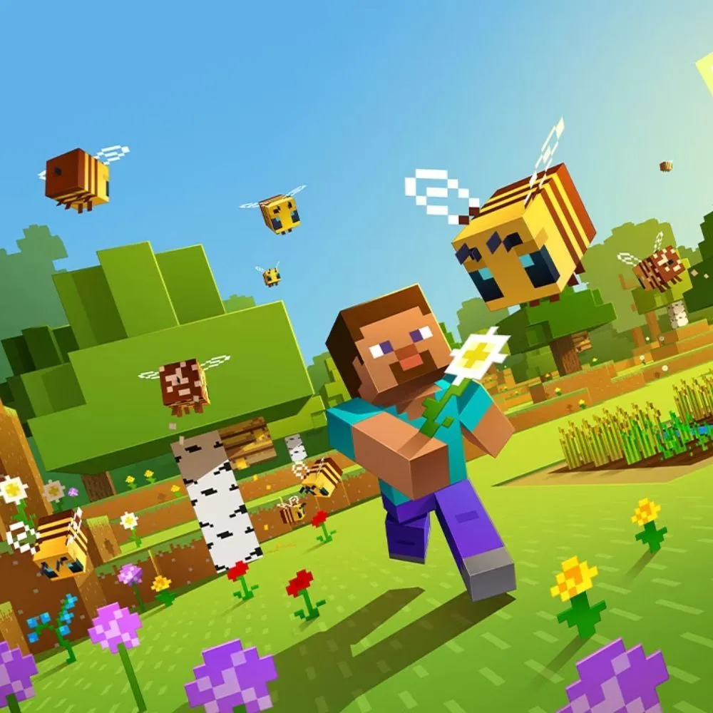 Ảnh bìa game Minecraft cổ điển với các khối hình vuông đặc trưng