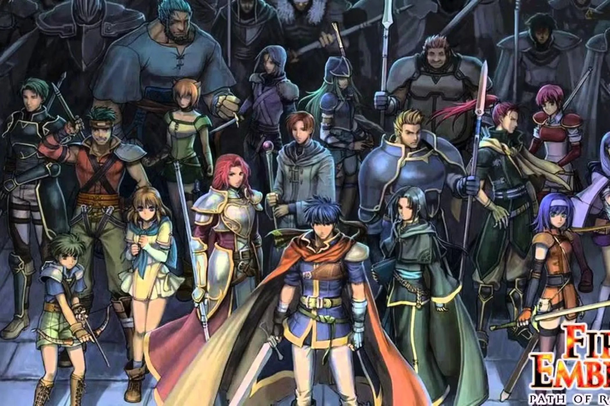 Ảnh bìa trò chơi Fire Emblem: Path of Radiance với các nhân vật chính, nổi bật là Ike, biểu tượng của dòng game chiến thuật trên GameCube.