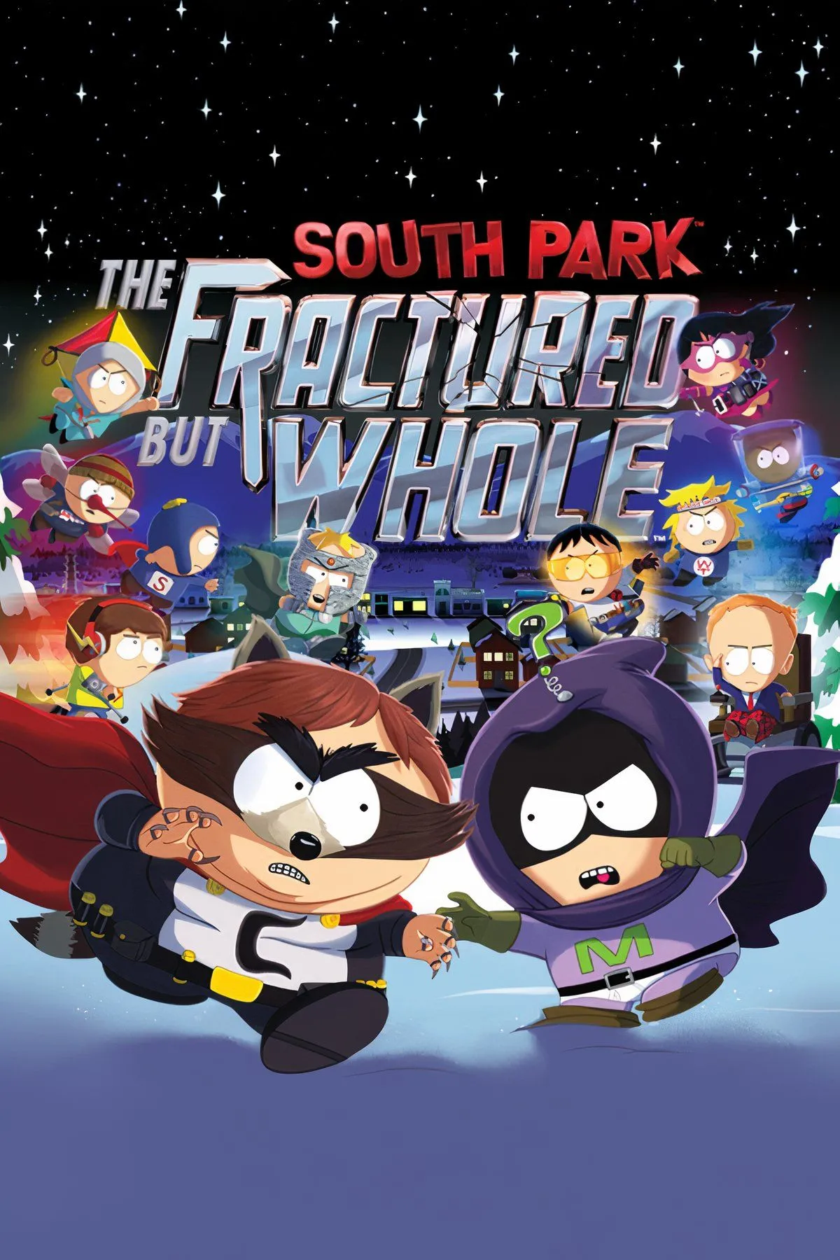Ảnh cắt cảnh từ game South Park: The Fractured but Whole, thể hiện các nhân vật chính trong trang phục siêu anh hùng đặc trưng của game RPG này.
