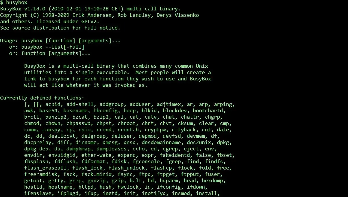 Ảnh chụp màn hình BusyBox thể hiện tính linh hoạt của các tiện ích Unix cơ bản