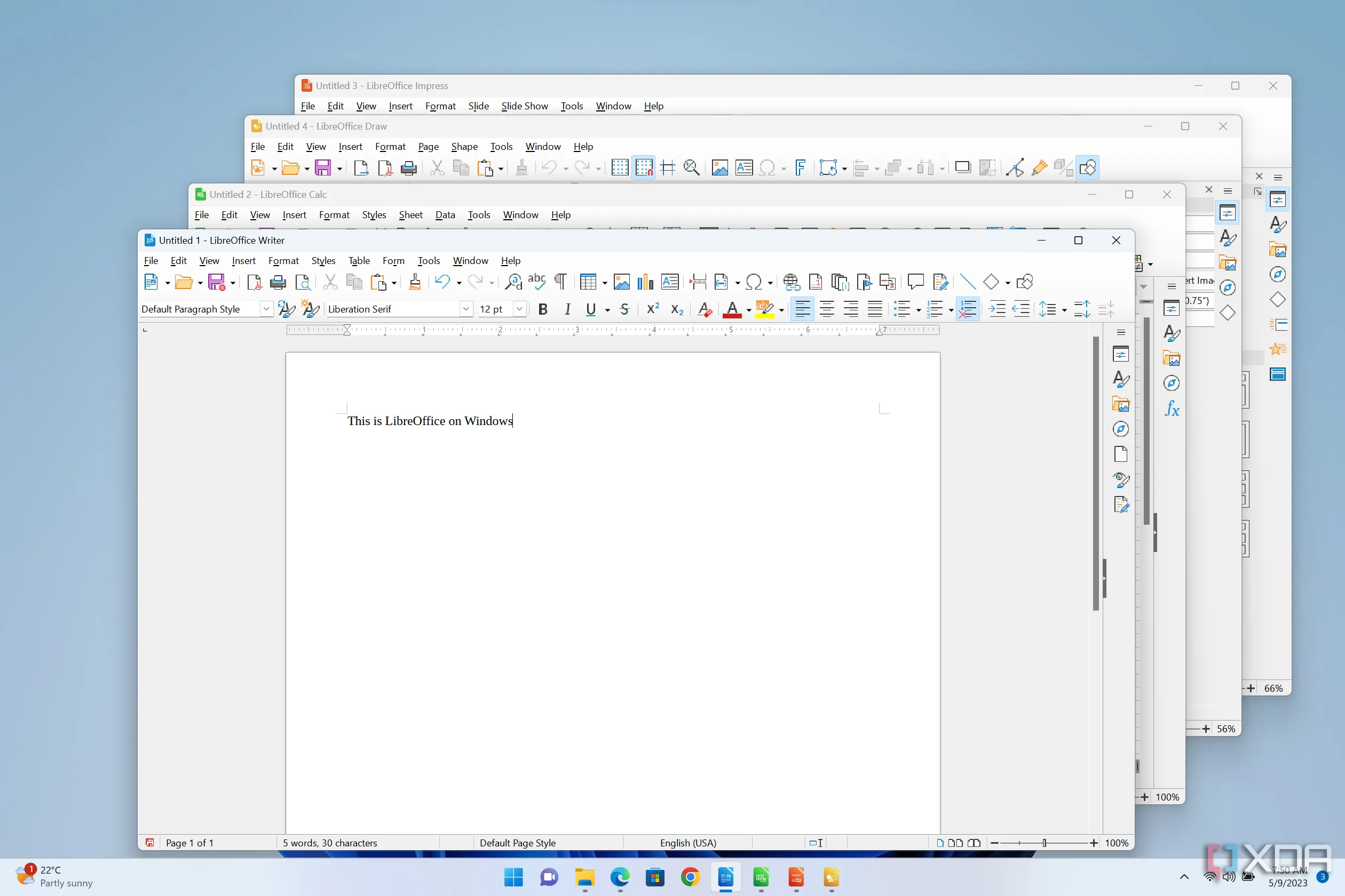 Ảnh chụp màn hình các ứng dụng LibreOffice như Writer, Calc, Impress và Draw trên Windows 11