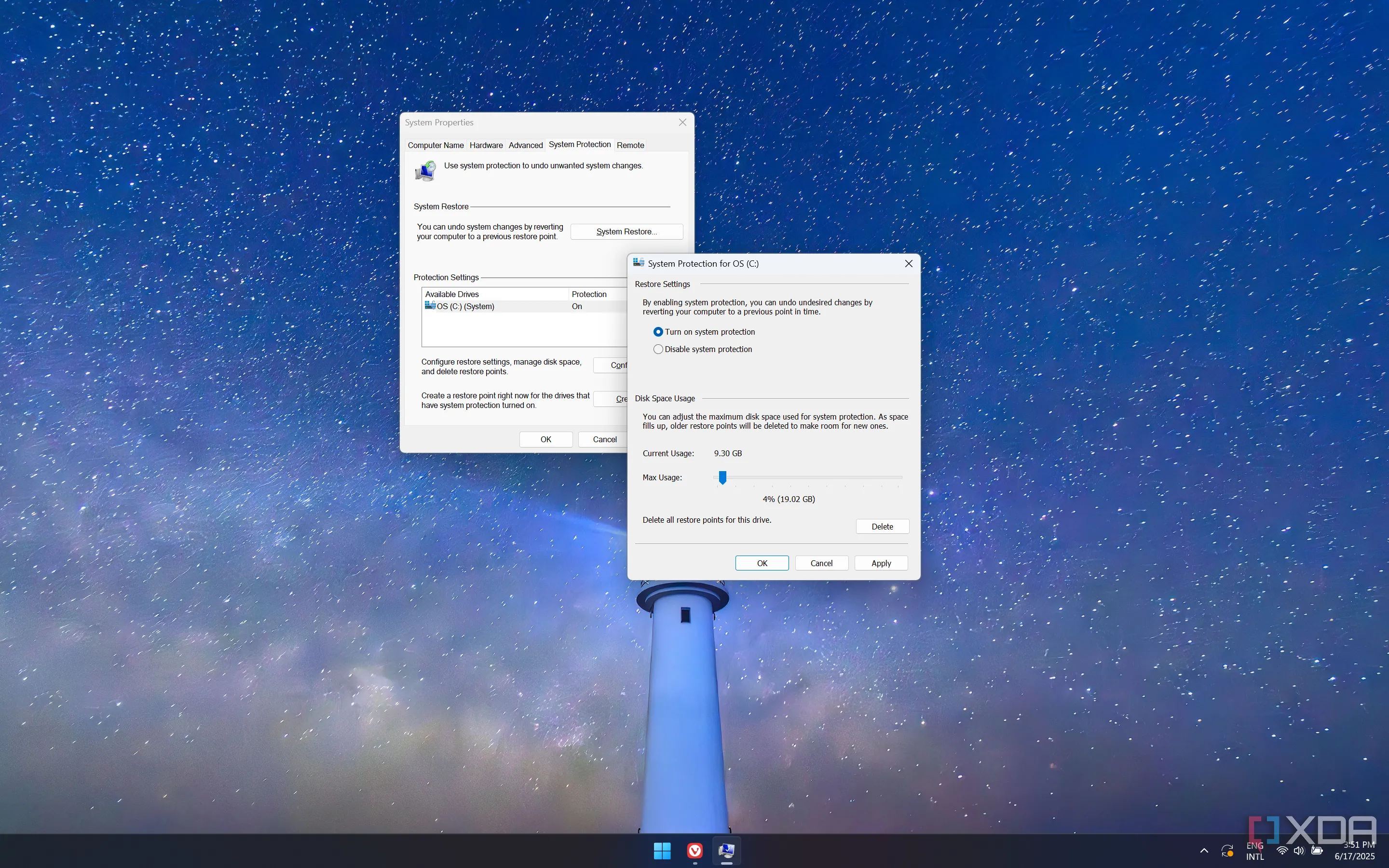 Ảnh chụp màn hình cài đặt Khôi phục Hệ thống (System Restore) trên Windows 11, cho phép người dùng tạo điểm khôi phục