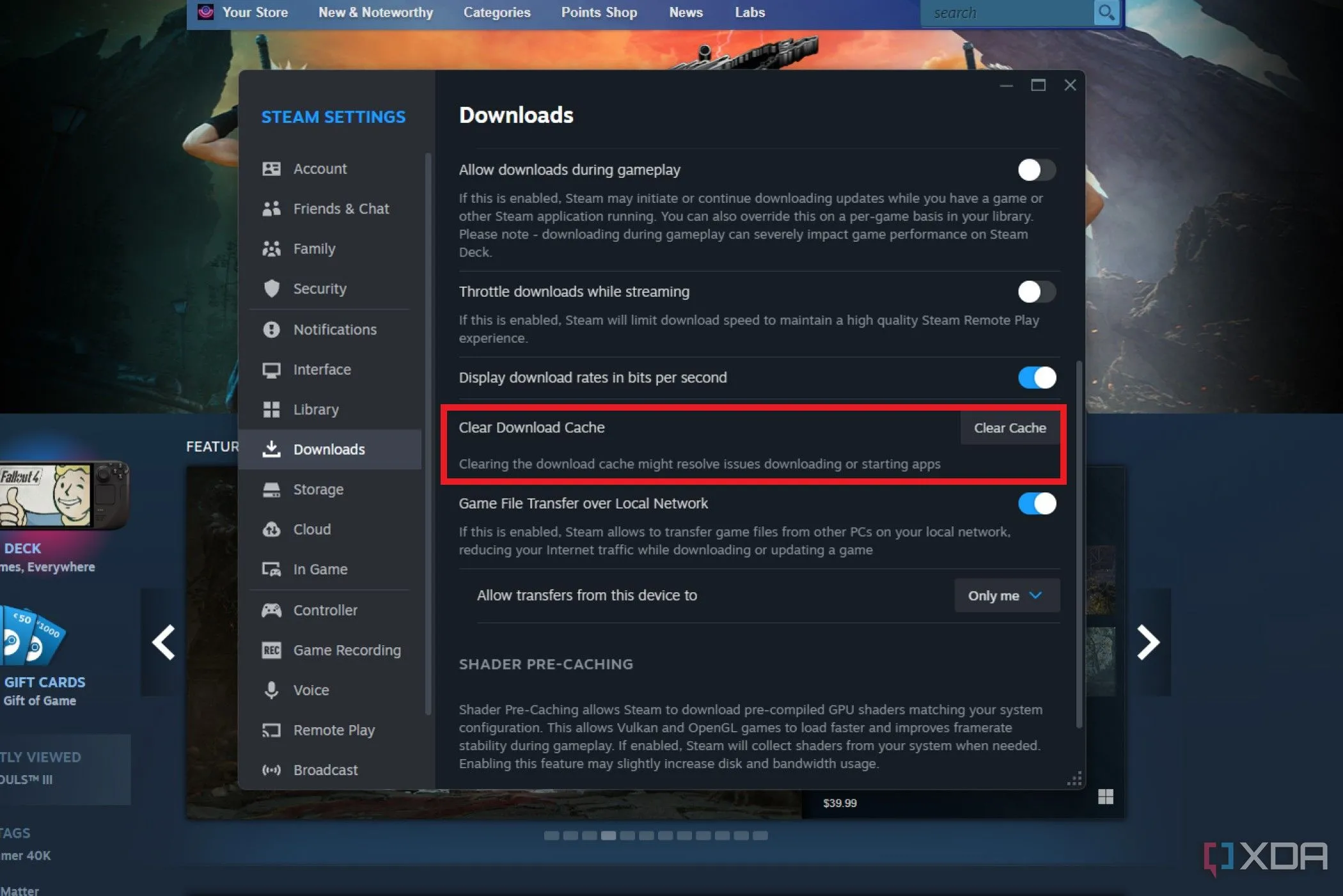 Ảnh chụp màn hình cài đặt Tải xuống của Steam, hiển thị tùy chọn &quot;Xóa bộ nhớ đệm tải xuống&quot; được đánh dấu để khắc phục lỗi tải game.