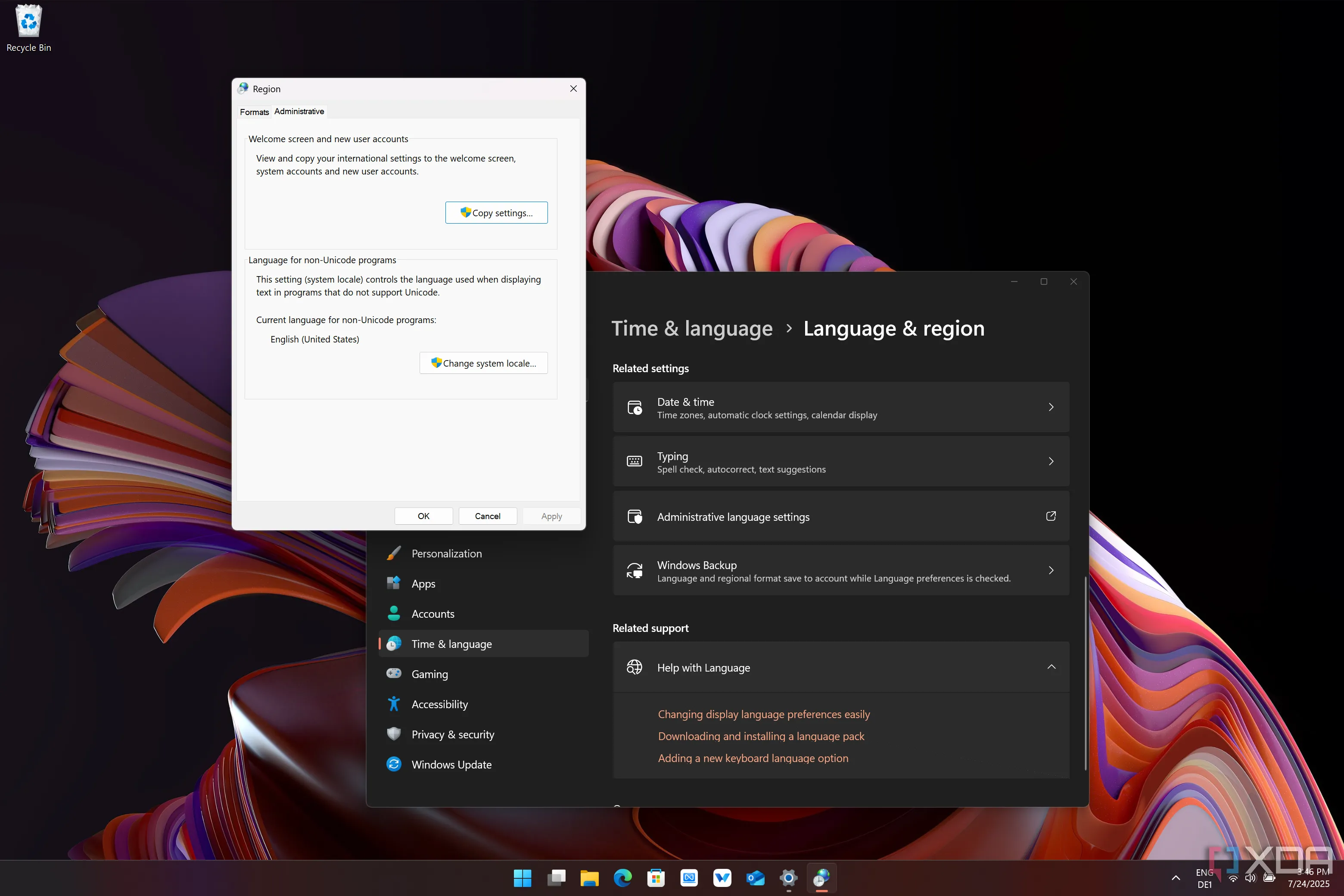 Ảnh chụp màn hình cài đặt vùng quản trị trong Windows 11, mở cửa sổ &quot;Administrative language settings&quot;.