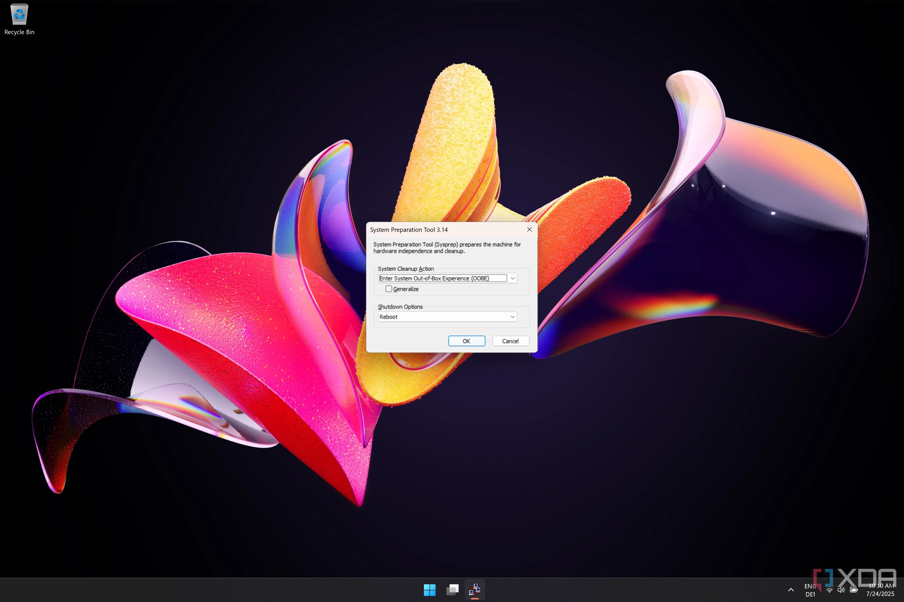 Ảnh chụp màn hình công cụ System Preparation Tool (Sysprep) trên Windows 11 với các tùy chọn mặc định để thay đổi vùng.