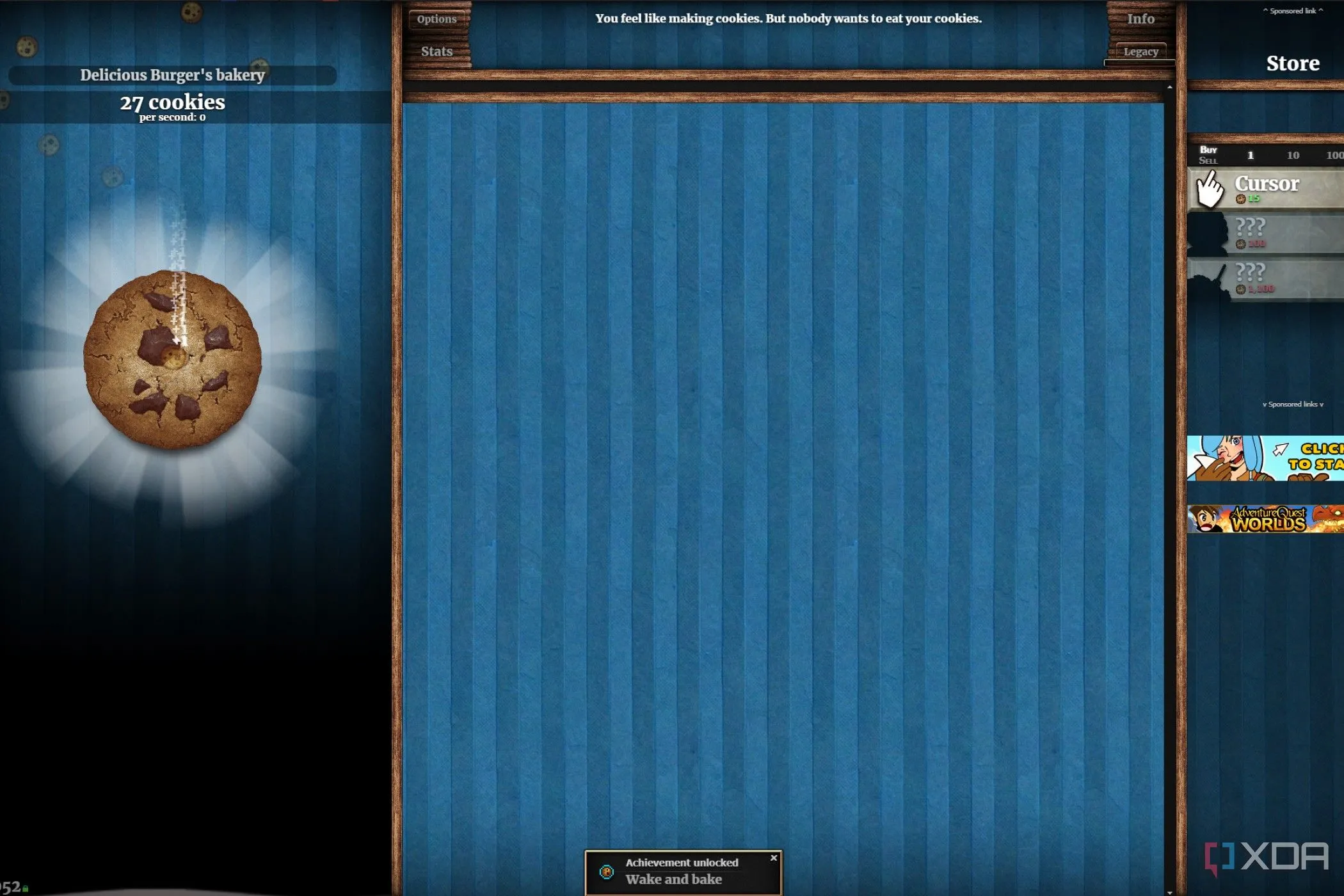 Ảnh chụp màn hình game Cookie Clicker hiển thị giao diện click bánh quy và số điểm