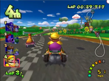 Ảnh chụp màn hình game Mario Kart Double Dash, hiển thị cảnh tấn công trượt trong cuộc đua.