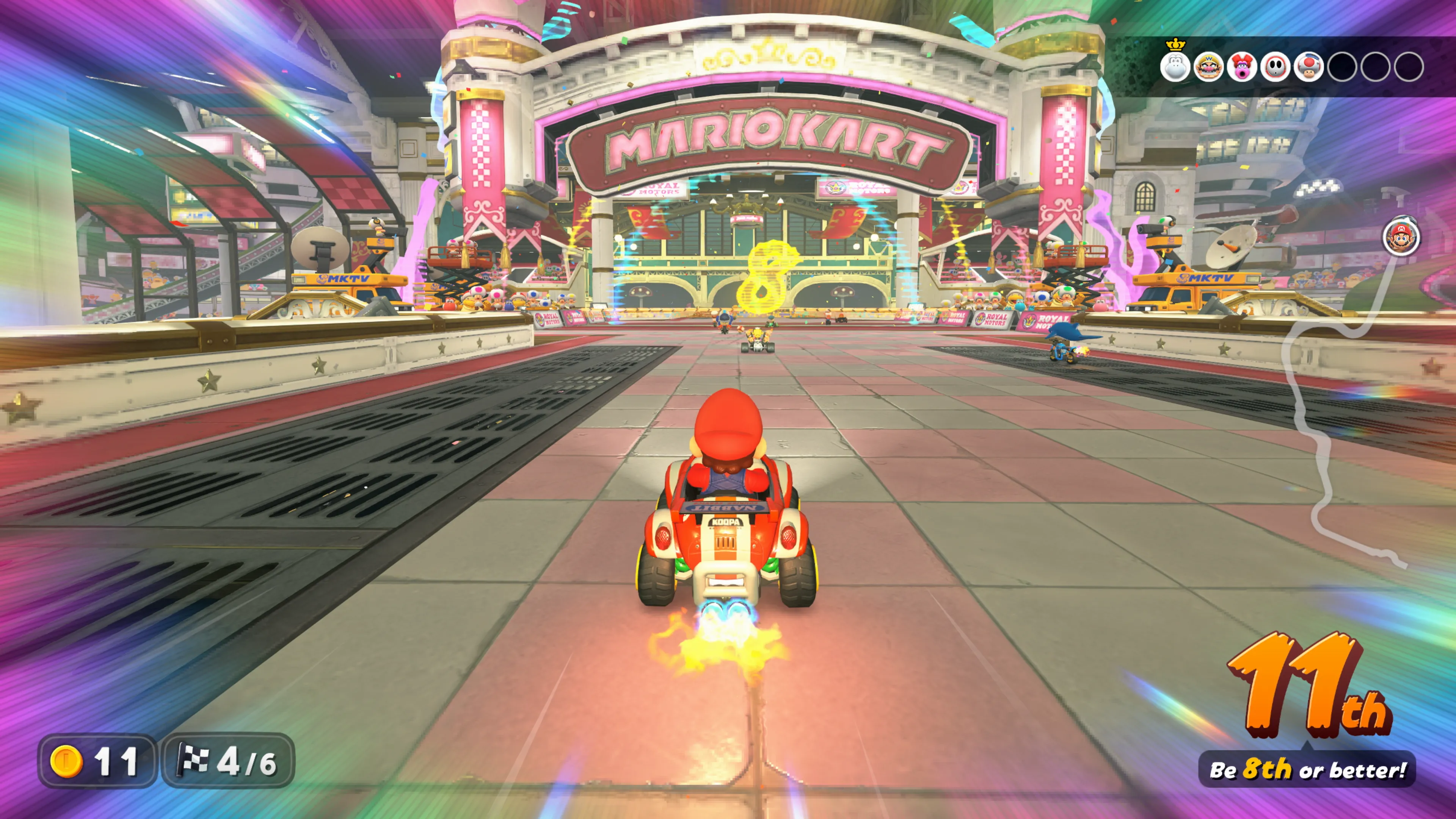 Ảnh chụp màn hình game Mario Kart World đang chạy trên Nintendo Switch 2, hiển thị cảnh đua trong chế độ Knockout Tour.
