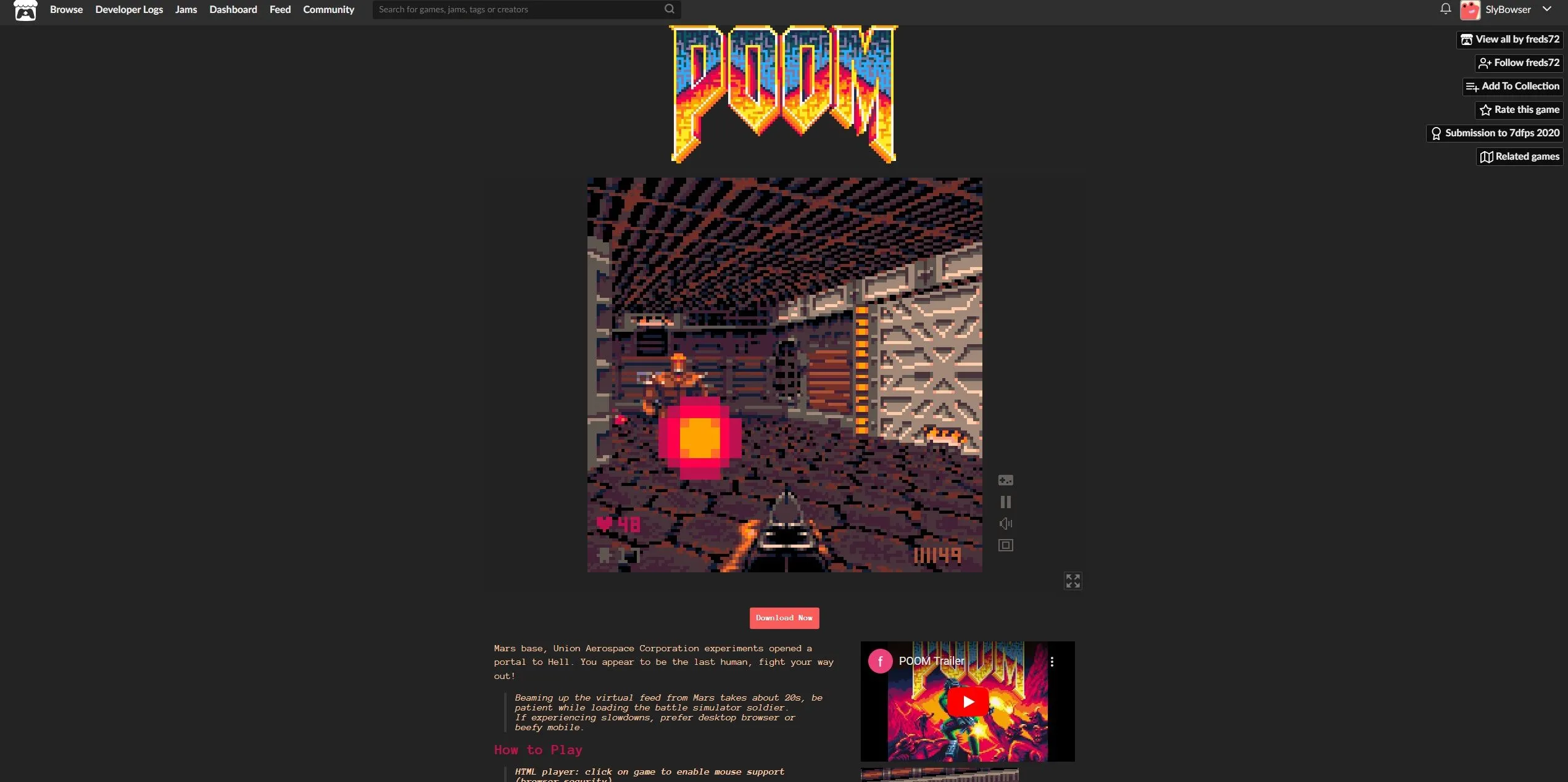 Ảnh chụp màn hình game POOM, phiên bản DOOM dựa trên PICO-8 chơi trên trình duyệt web