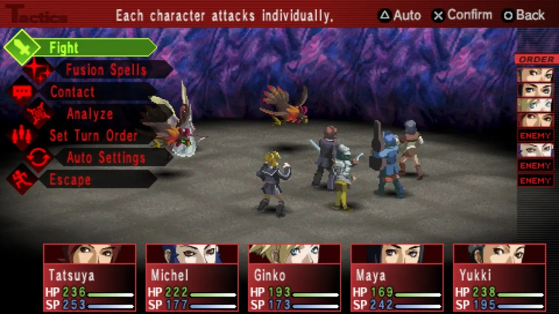 Ảnh chụp màn hình gameplay của game nhập vai Shin Megami Tensei: Persona 2 Innocent Sin trên PSP, với các nhân vật đang đối thoại trong môi trường 2D.