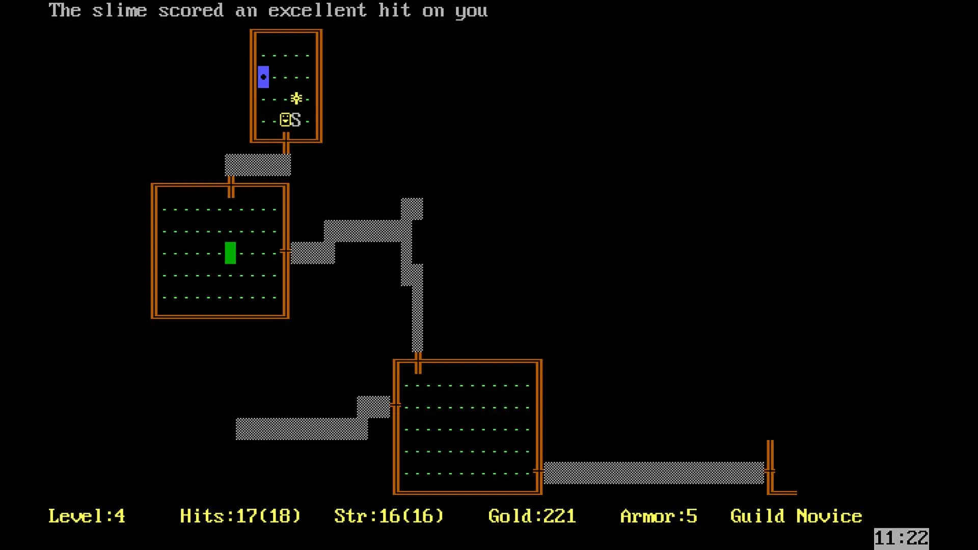 Ảnh chụp màn hình gameplay của Rogue, game với dungeon ngẫu nhiên.