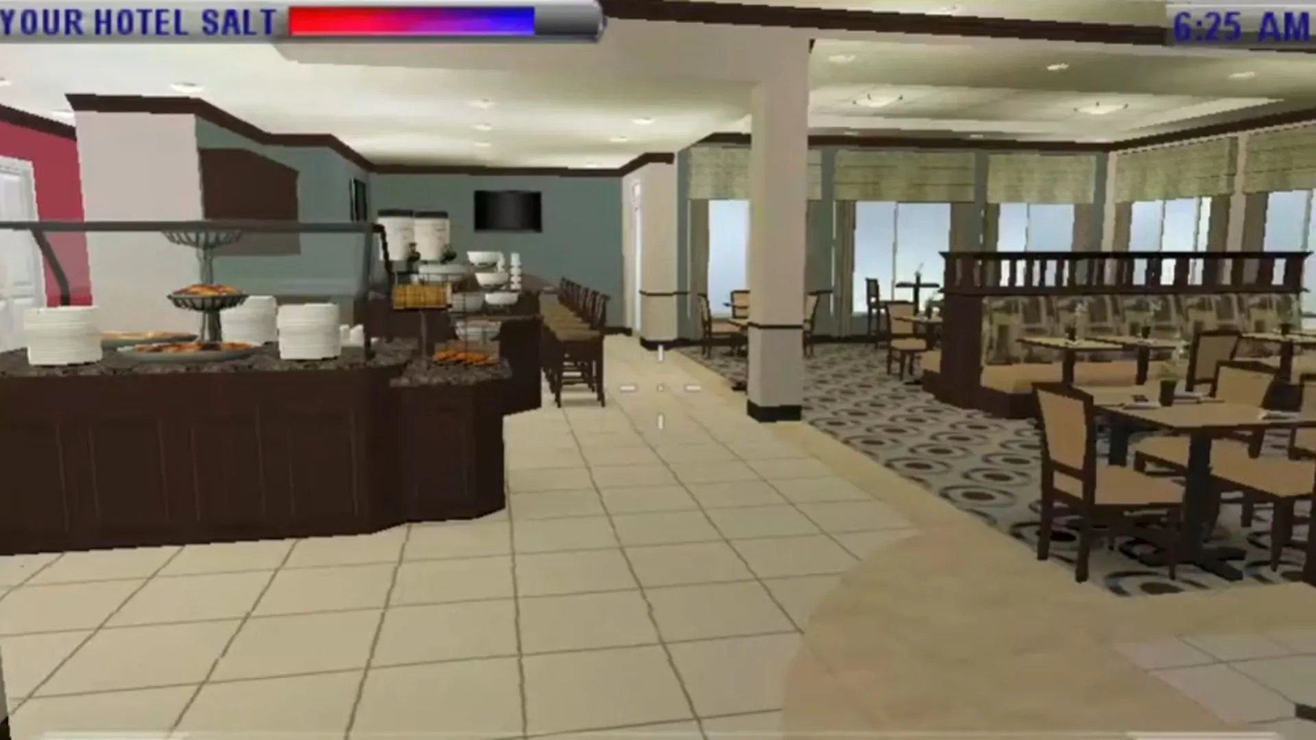 Ảnh chụp màn hình gameplay của The Hilton Family trên PSP, hiển thị nhân vật đang tương tác trong khu vực sảnh khách sạn.