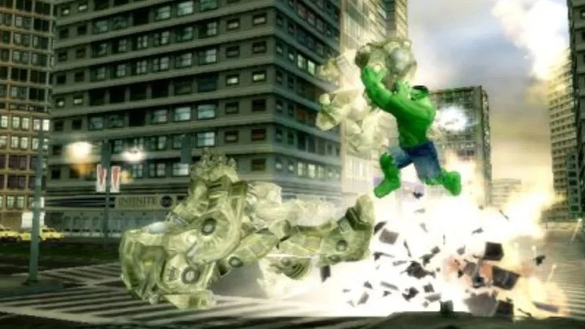Ảnh chụp màn hình gameplay của The Incredible Hulk: Ultimate Destruction, thể hiện sức mạnh tàn phá của Hulk trong thế giới mở