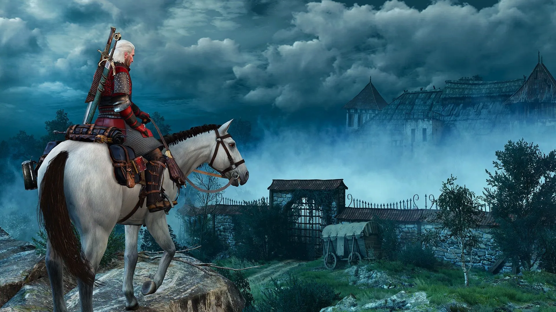 Ảnh chụp màn hình gameplay của The Witcher 3: Wild Hunt, thể hiện Geralt trong một khung cảnh chi tiết