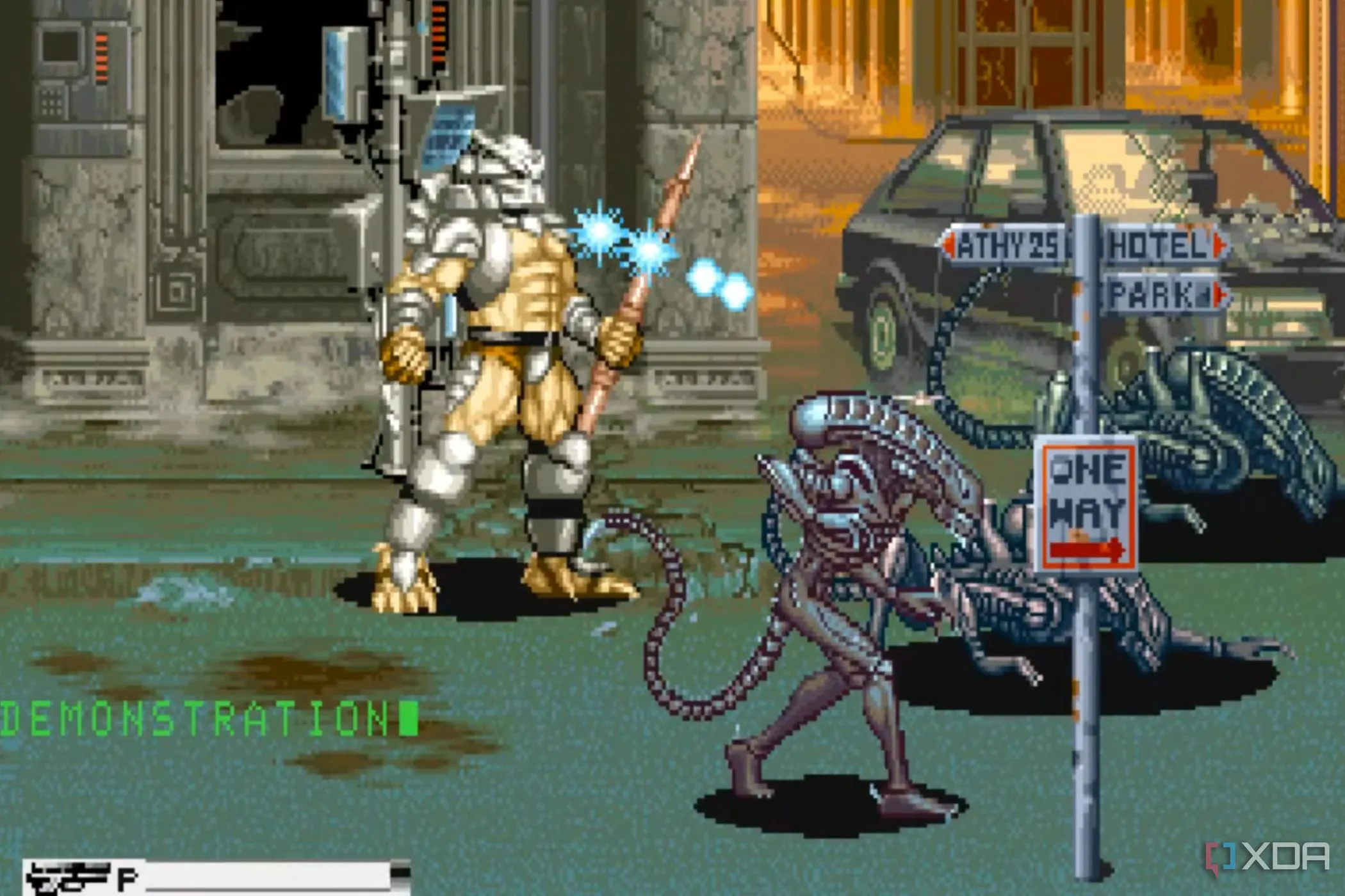 Ảnh chụp màn hình gameplay của tựa game arcade Alien vs. Predator, thể hiện hành động chiến đấu kịch tính giữa các nhân vật và quái vật Xenomorph.