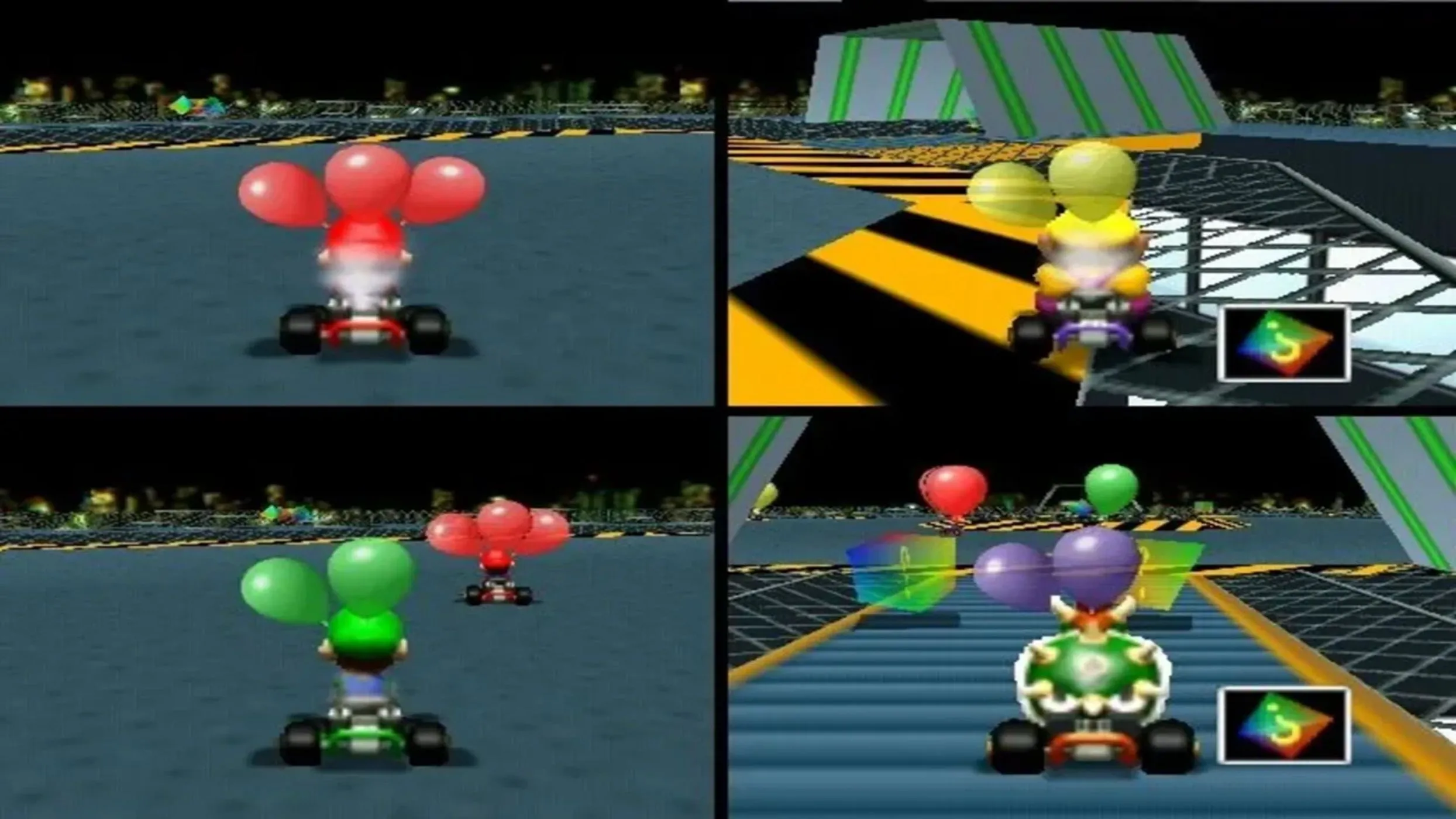Ảnh chụp màn hình gameplay đầy màu sắc của Mario Kart 64, một game đua xe huyền thoại trên Nintendo 64.