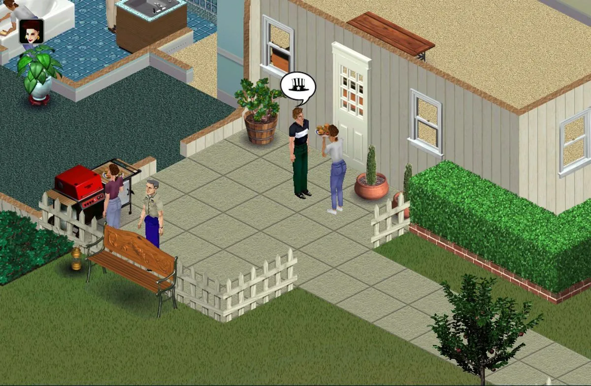 Ảnh chụp màn hình gameplay The Sims đầu tiên, thể hiện giao diện xây dựng nhà và quản lý nhân vật.
