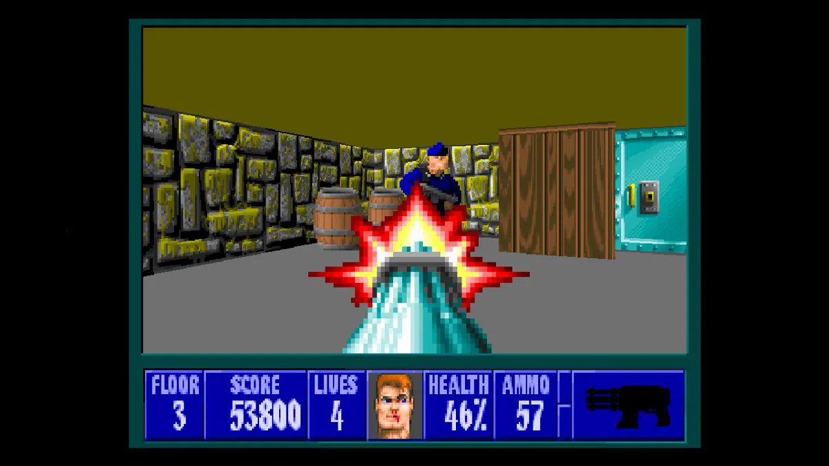 Ảnh chụp màn hình gameplay Wolfenstein 3D năm 1992, thể hiện đồ họa 3D mê cung.