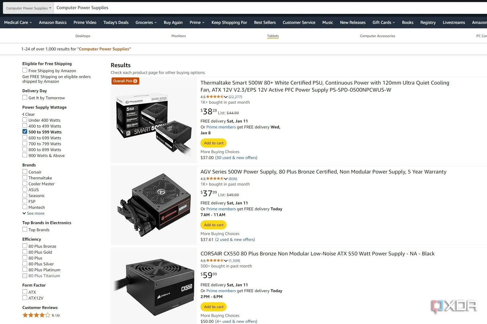 Ảnh chụp màn hình kết quả tìm kiếm bộ nguồn máy tính trên Amazon, với đề xuất &quot;Overall Pick&quot; không phù hợp cho PC gaming