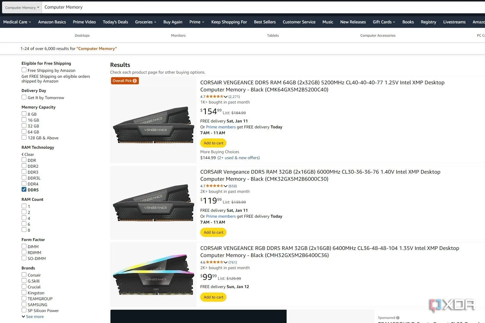 Ảnh chụp màn hình kết quả tìm kiếm bộ nhớ RAM máy tính trên Amazon, với đề xuất &quot;Overall Pick&quot; không tối ưu