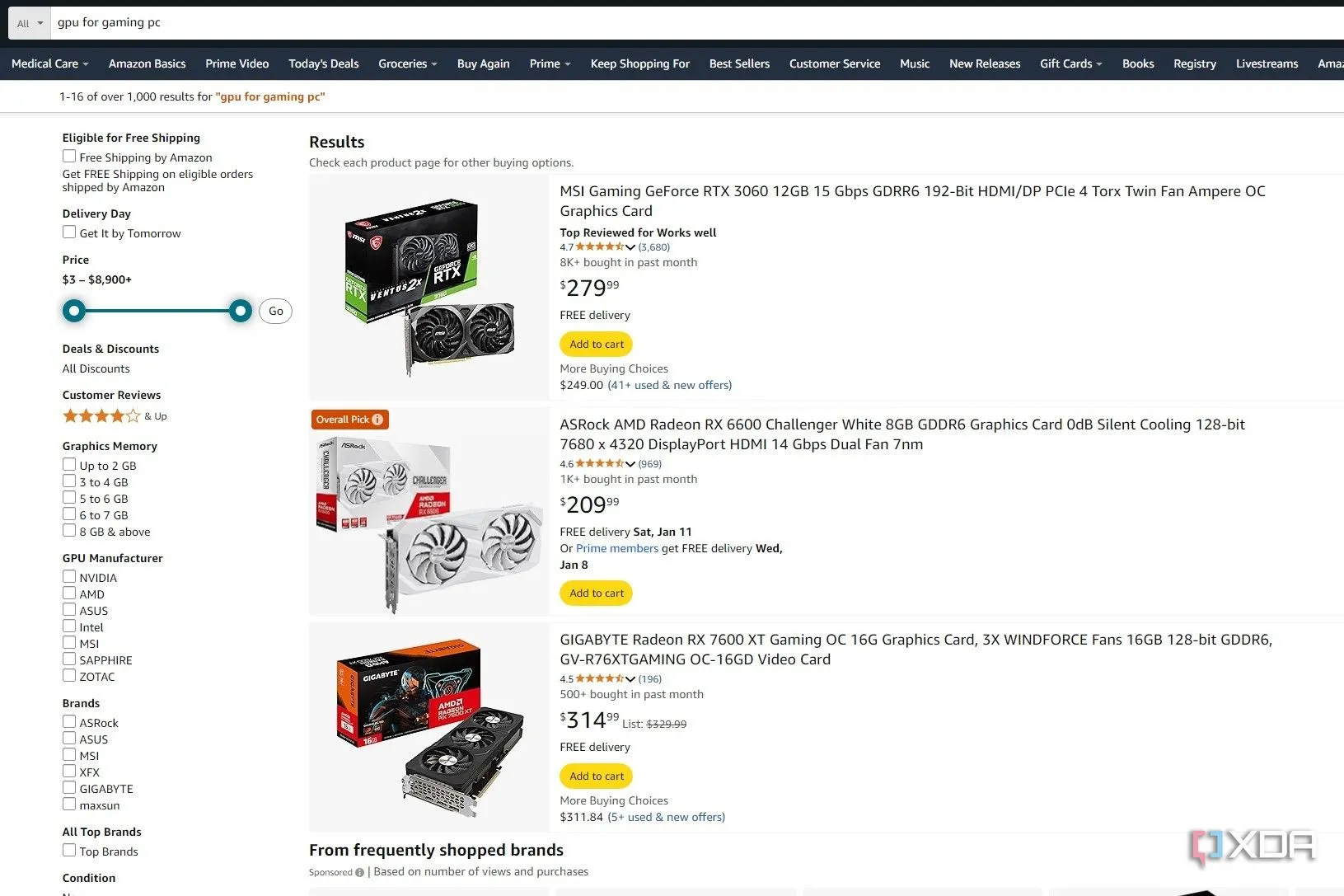 Ảnh chụp màn hình kết quả tìm kiếm GPU trên Amazon, hiển thị đề xuất &quot;Overall Pick&quot; cho card đồ họa gaming