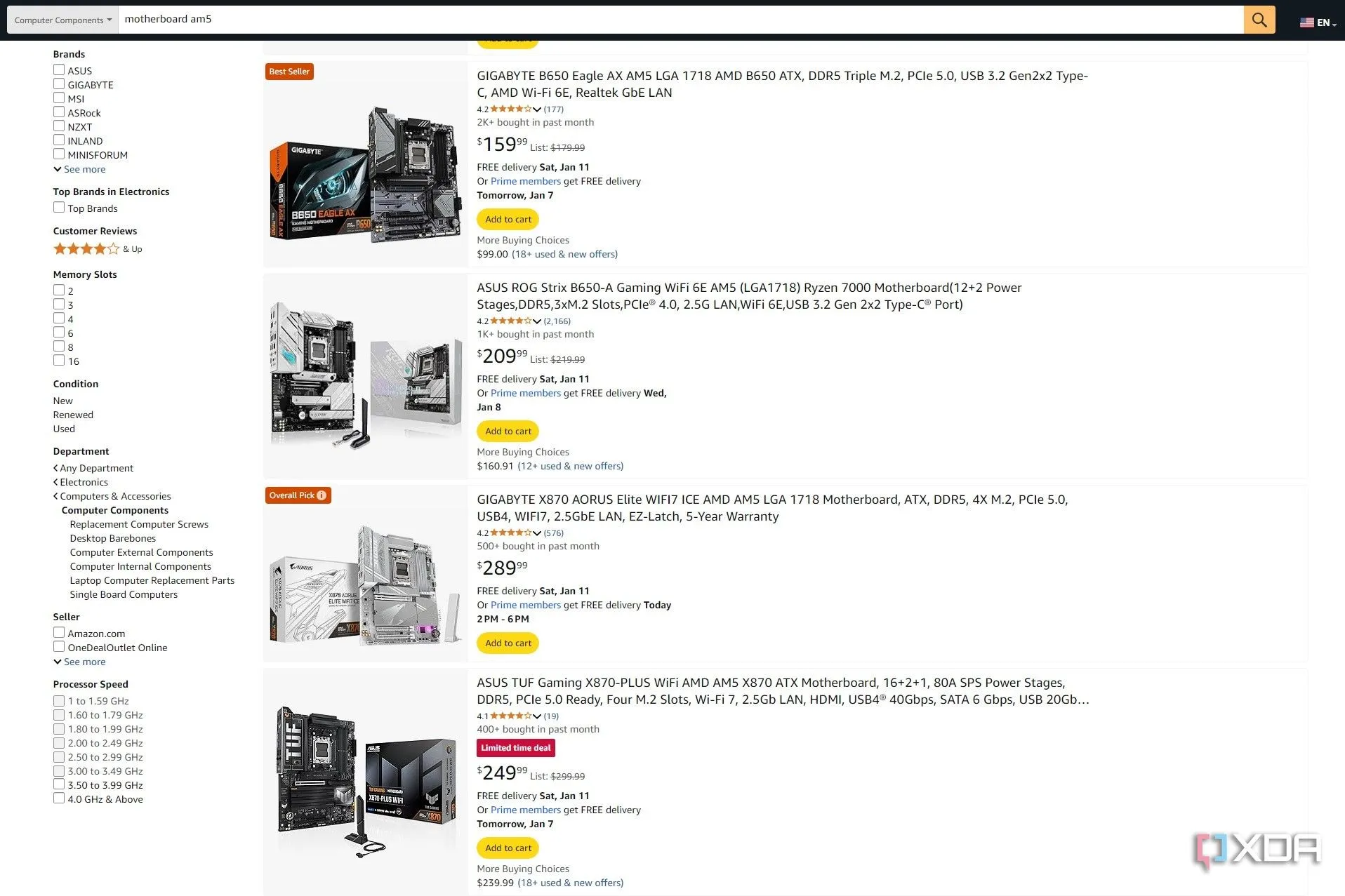 Ảnh chụp màn hình kết quả tìm kiếm mainboard AM5 trên Amazon, hiển thị đề xuất &quot;Overall Pick&quot; cho việc lắp PC gaming