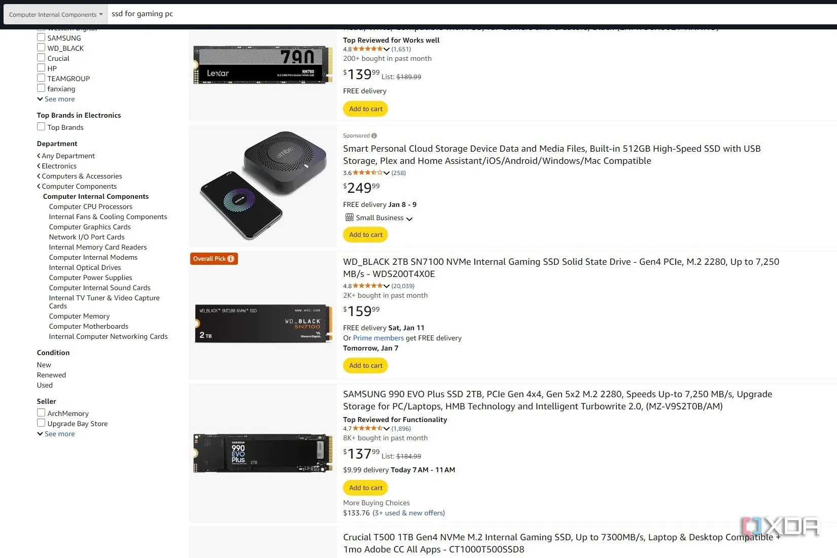 Ảnh chụp màn hình kết quả tìm kiếm SSD cho PC gaming trên Amazon, hiển thị đề xuất &quot;Overall Pick&quot; với giá thành không tối ưu