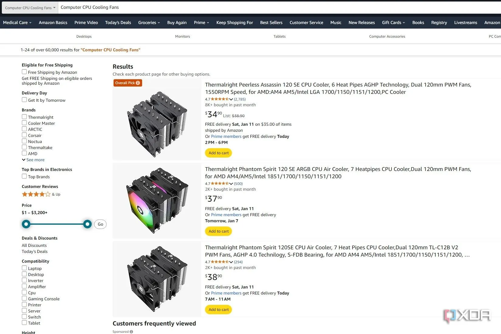 Ảnh chụp màn hình kết quả tìm kiếm tản nhiệt CPU trên Amazon, với Thermalright Peerless Assassin 120 SE là &quot;Overall Pick&quot;