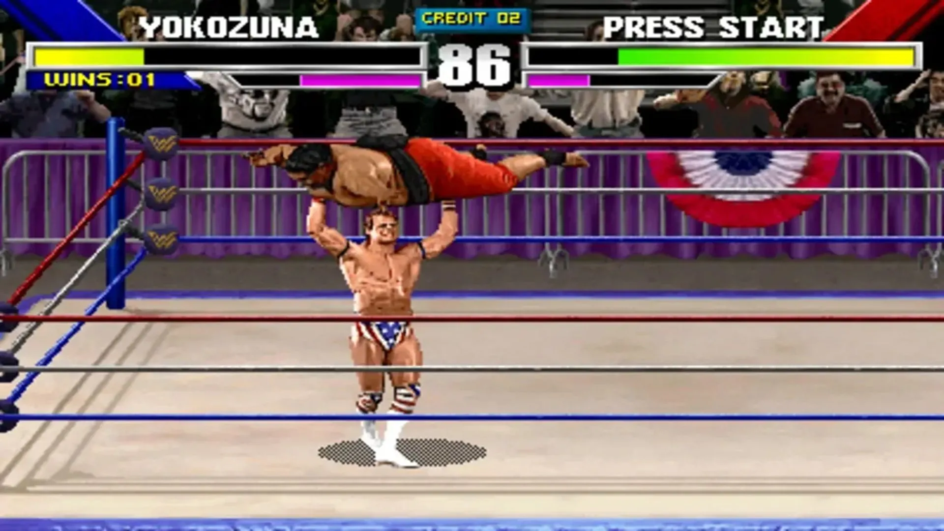 Ảnh chụp màn hình lối chơi hỗn loạn từ game WWF WrestleMania: The Arcade Game với các đô vật đang thực hiện chiêu thức đặc biệt