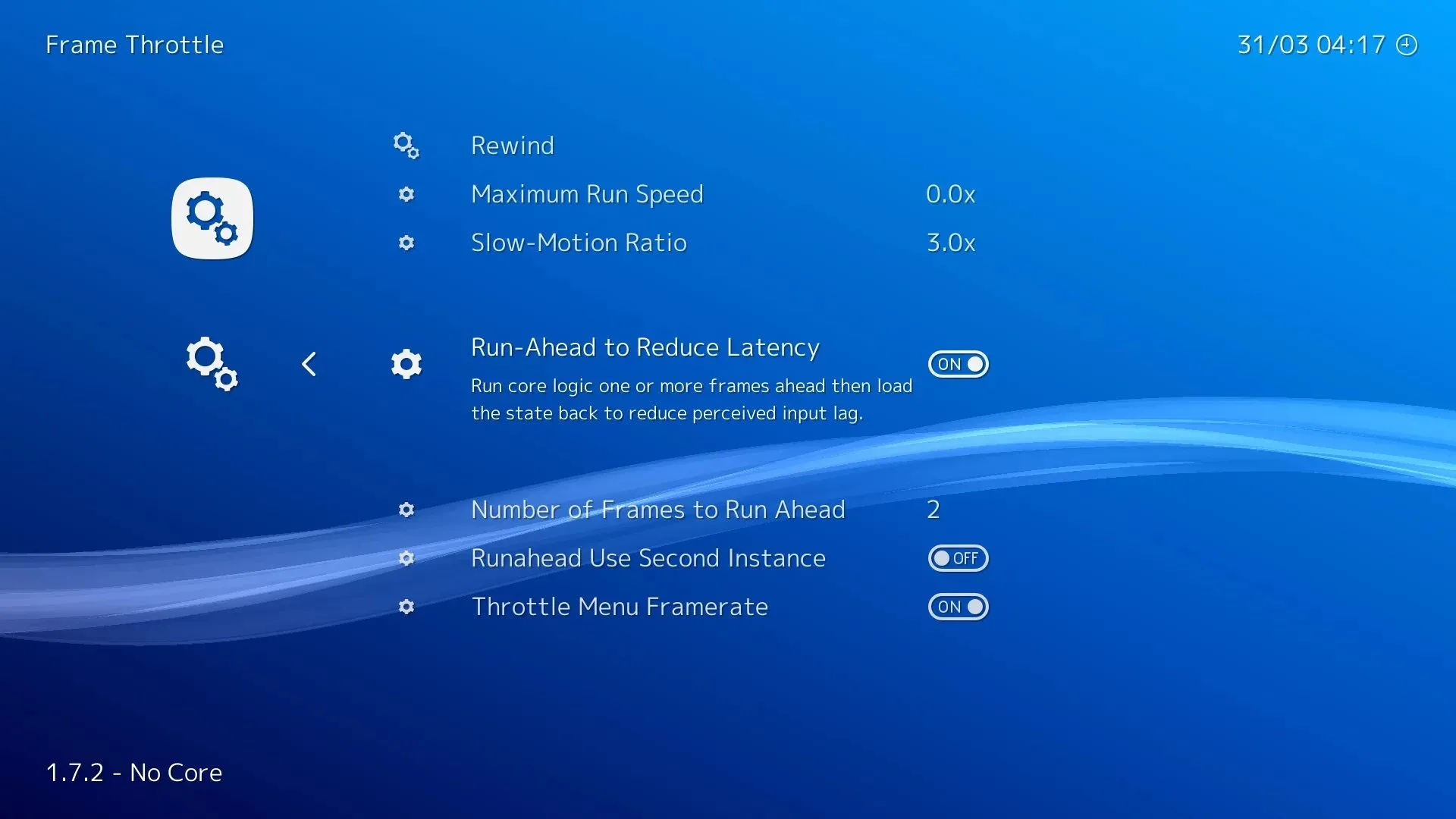 Ảnh chụp màn hình menu cấu hình tính năng Run Ahead trong RetroArch, hiển thị các tùy chọn giảm độ trễ đầu vào.