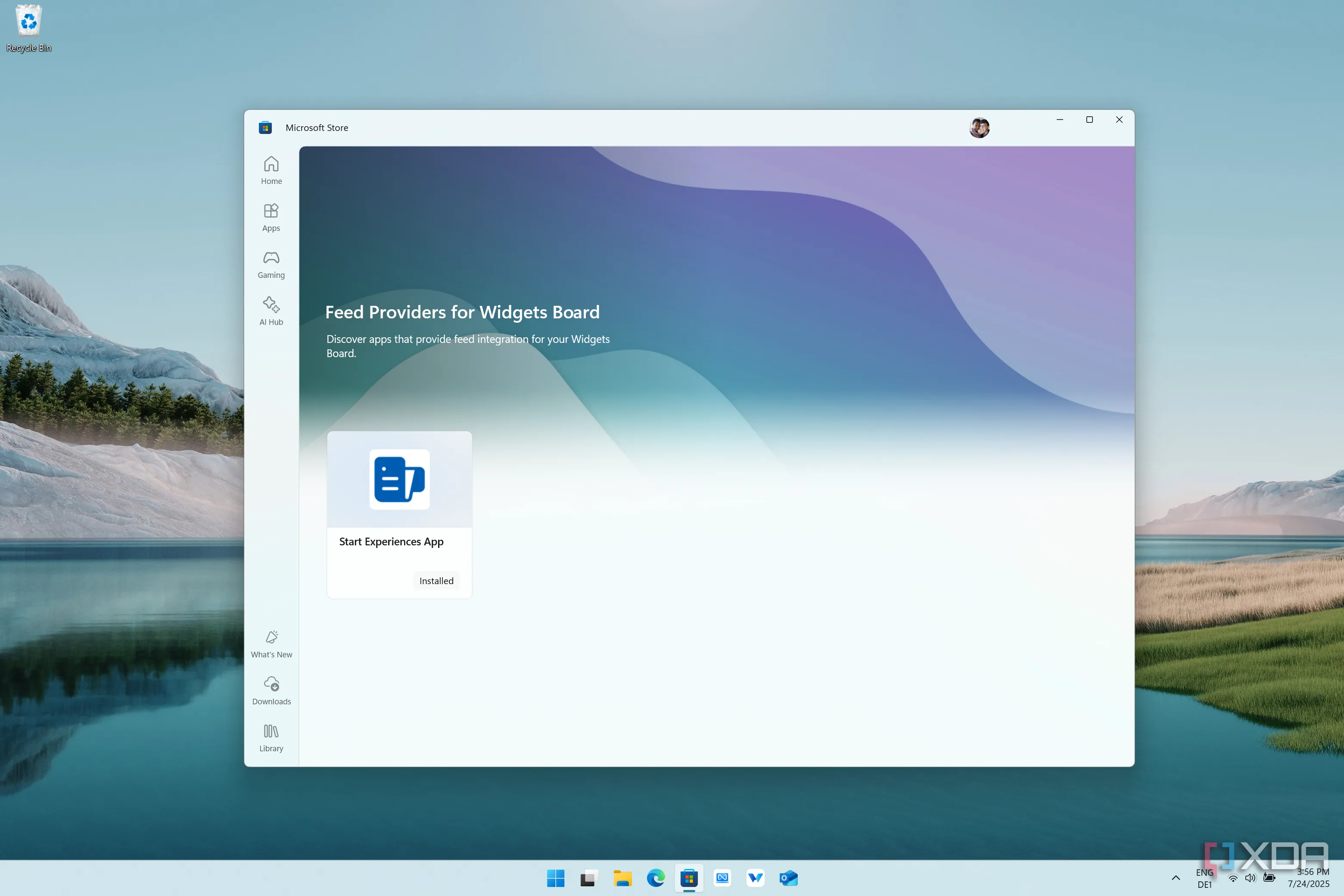 Ảnh chụp màn hình Microsoft Store trên Windows 11, hiển thị các ứng dụng có thể cung cấp tùy chọn nguồn cấp dữ liệu cho bảng Widgets nhưng chỉ có nhà cung cấp tích hợp sẵn.
