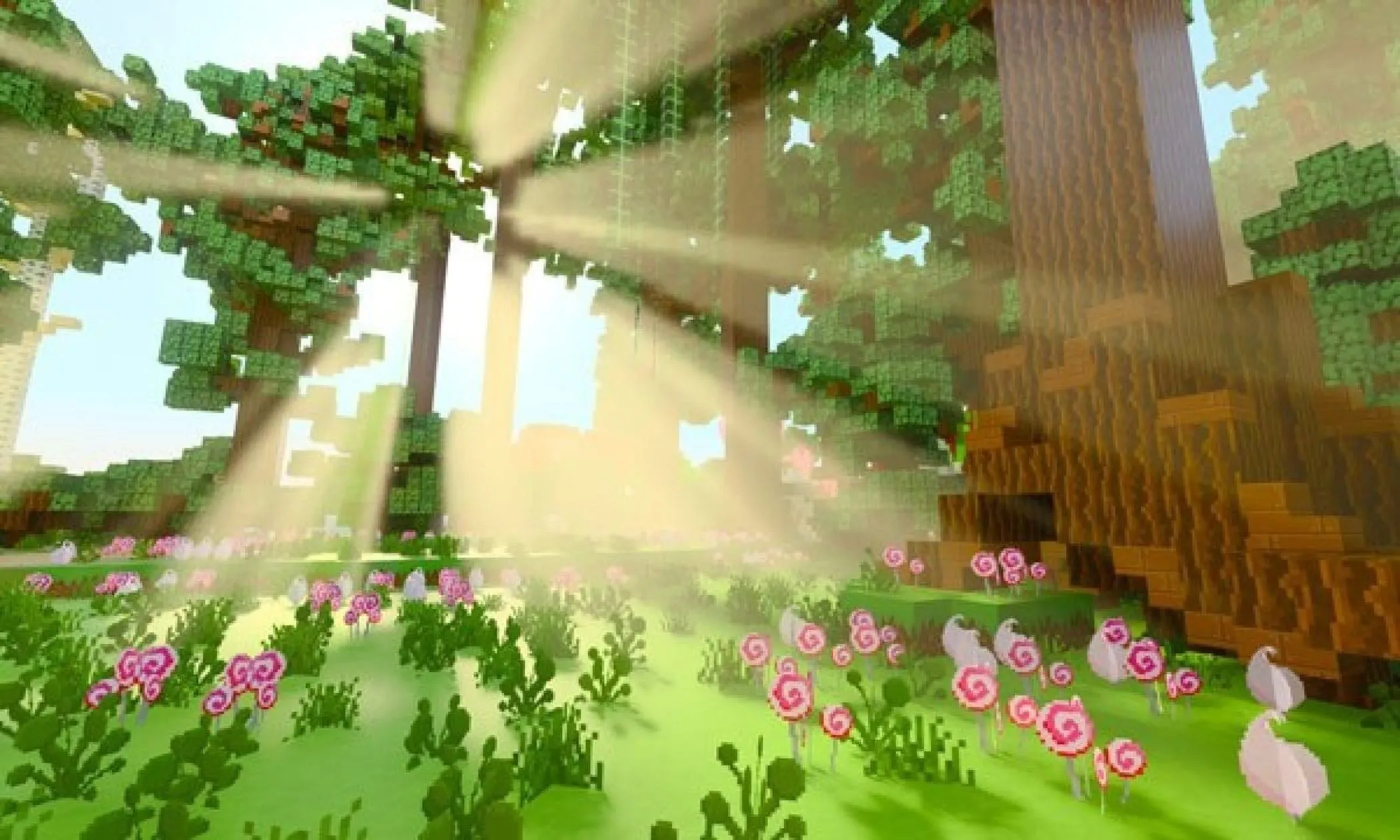 Ảnh chụp màn hình Minecraft RTX, thể hiện đồ họa khối với hiệu ứng dò tia chân thực.