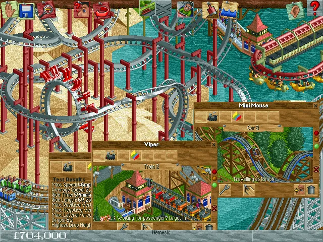 Ảnh chụp màn hình một bản dựng ban đầu khác của RollerCoaster Tycoon, lần này đã có sự xuất hiện của khách tham quan và một số công trình