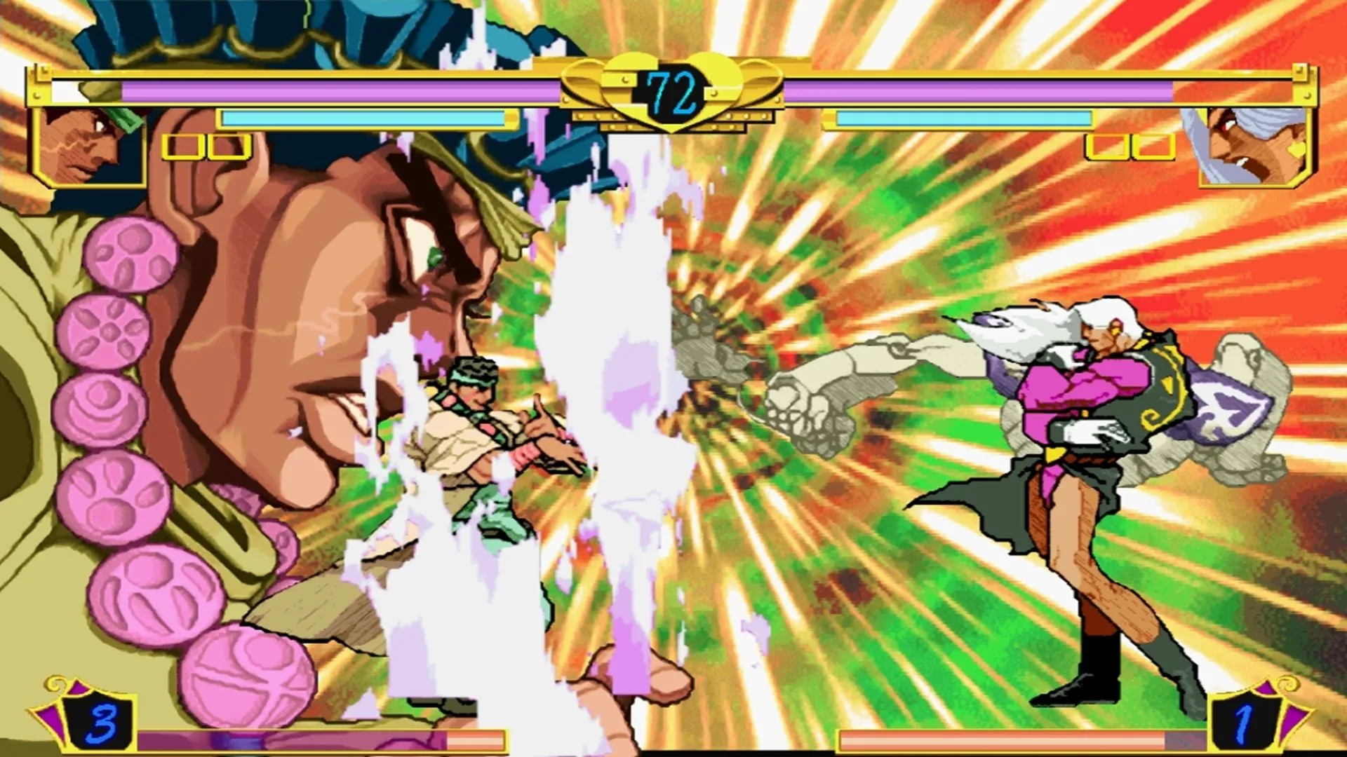 Ảnh chụp màn hình một trận đấu hành động trong tựa game đối kháng phong cách JoJo, với hai nhân vật đang tung đòn giữa bối cảnh sân đấu đầy màu sắc.