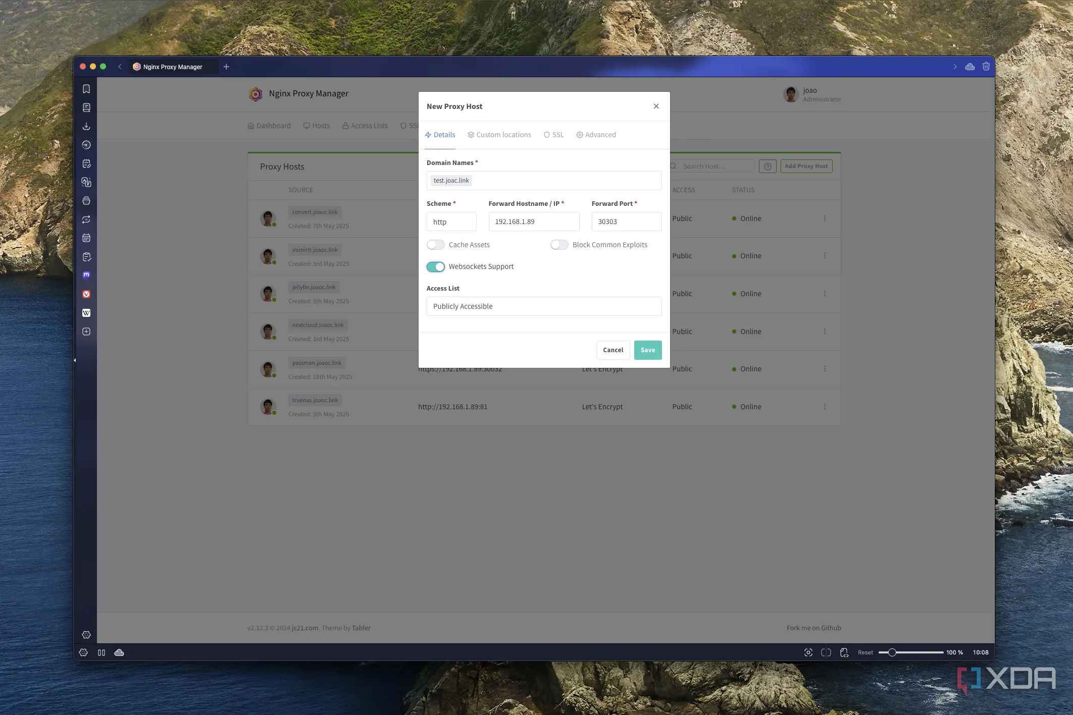 Ảnh chụp màn hình Nginx Proxy Manager đang tạo một host proxy mới, minh họa quá trình cấu hình định tuyến cho dịch vụ tự host