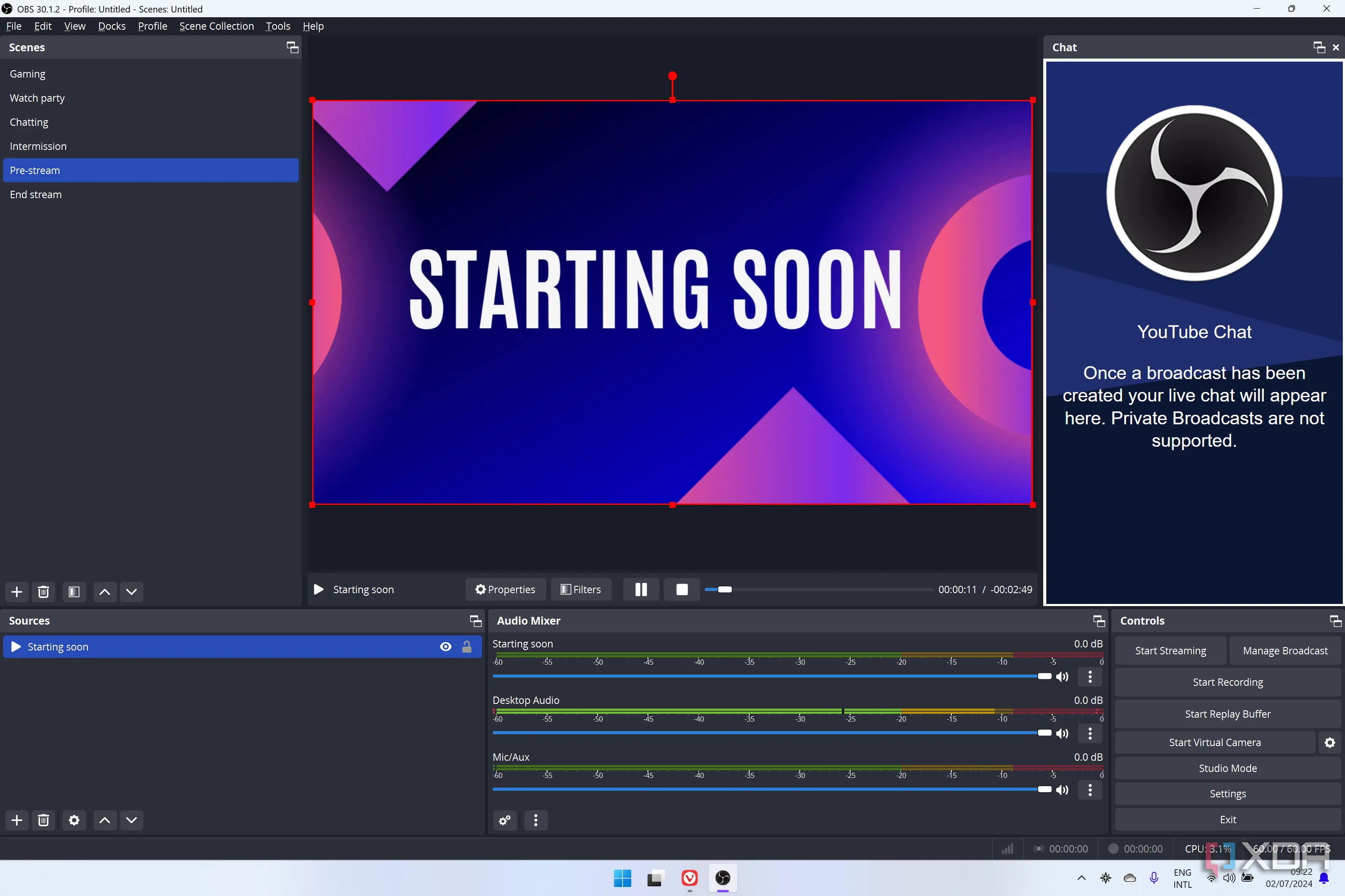 Ảnh chụp màn hình OBS Studio với một cảnh livestream phức tạp, hiển thị nhiều nguồn và lớp phủ khác nhau, minh họa tính linh hoạt trong thiết lập.