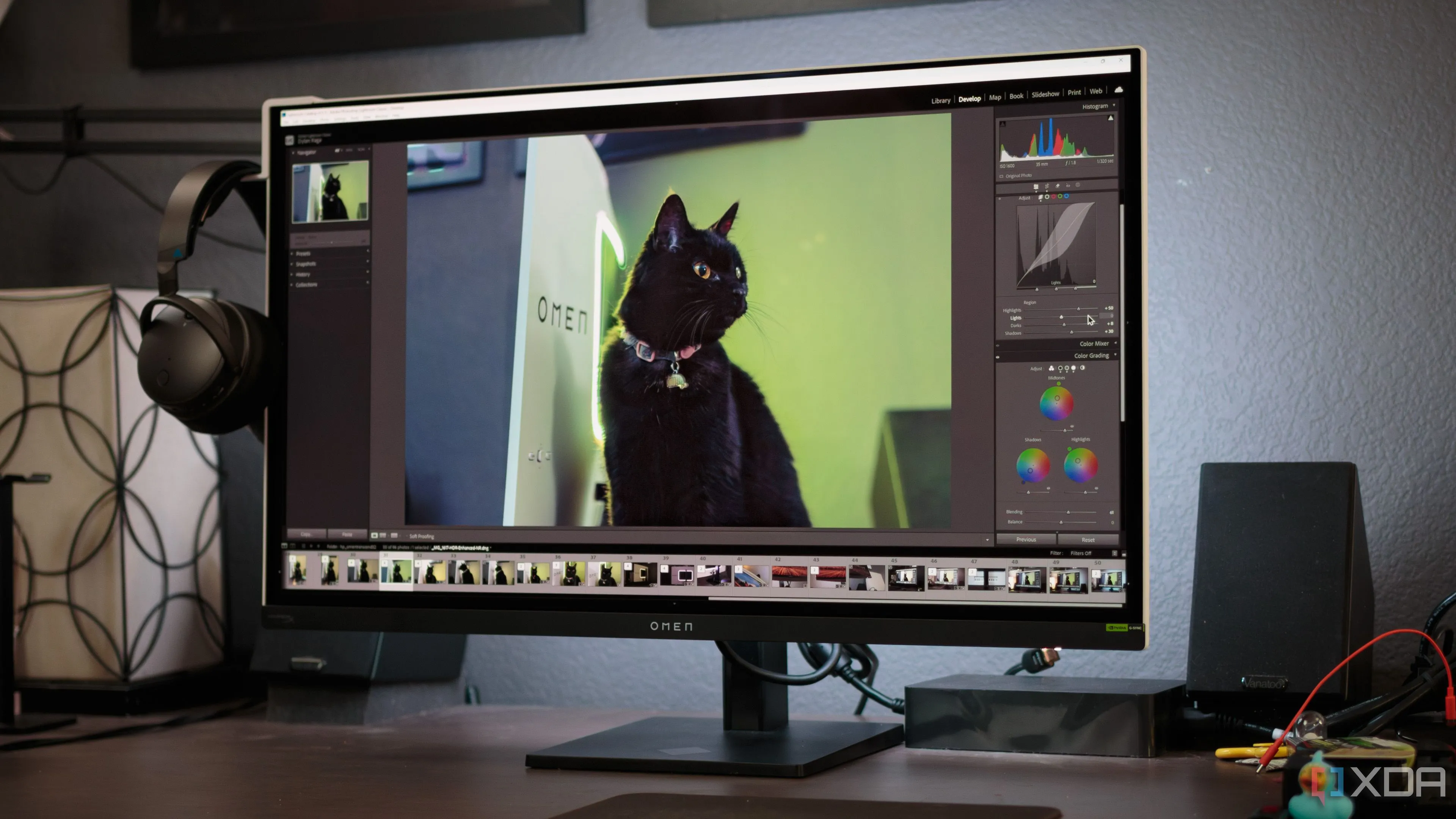 Ảnh chụp màn hình phần mềm Adobe Lightroom đang hiển thị trên màn hình HP OMEN Transcend 32 OLED, thể hiện khả năng tái tạo màu sắc sống động của tấm nền OLED.