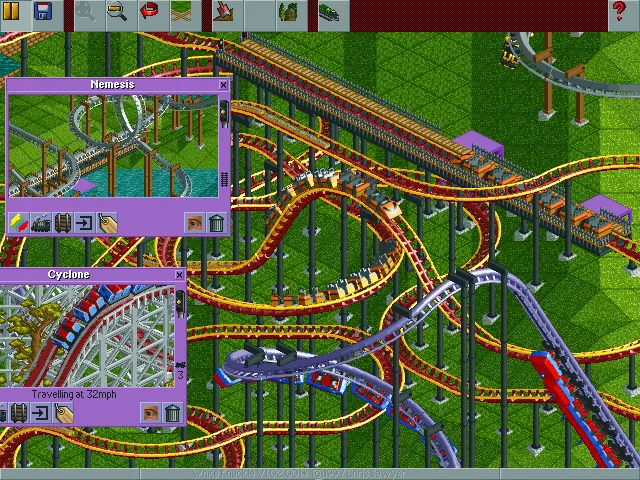 Ảnh chụp màn hình phiên bản cực kỳ sơ khai của RollerCoaster Tycoon, với đồ họa pixel cơ bản và chưa có khách tham quan